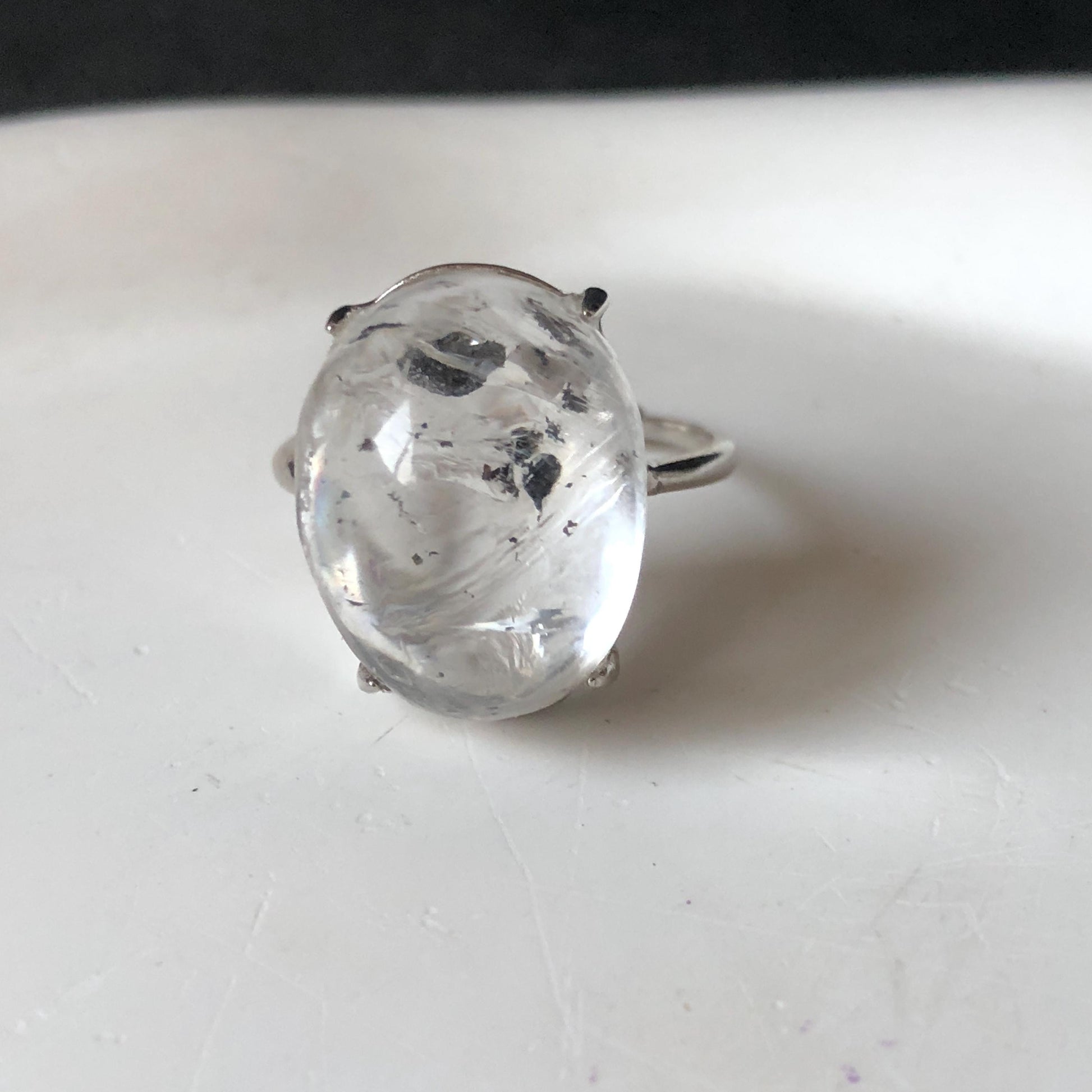 Polished Enhydro Quartz (Herkimer Diamond) S925 Silver Adjustable Ring: Big Rainbow! Moving Black Bubble Inclusion Crystal Statement Ring for Women ring crystal band ring crystal cocktail ring crystal stackable ring 7 chakra crystal ring meditation crystal healing stone birthstone silver ring ring for men rainbow quartz inclusion quartz inclusion crystal minerals specimen silver ring free size ring adjustable ring holder