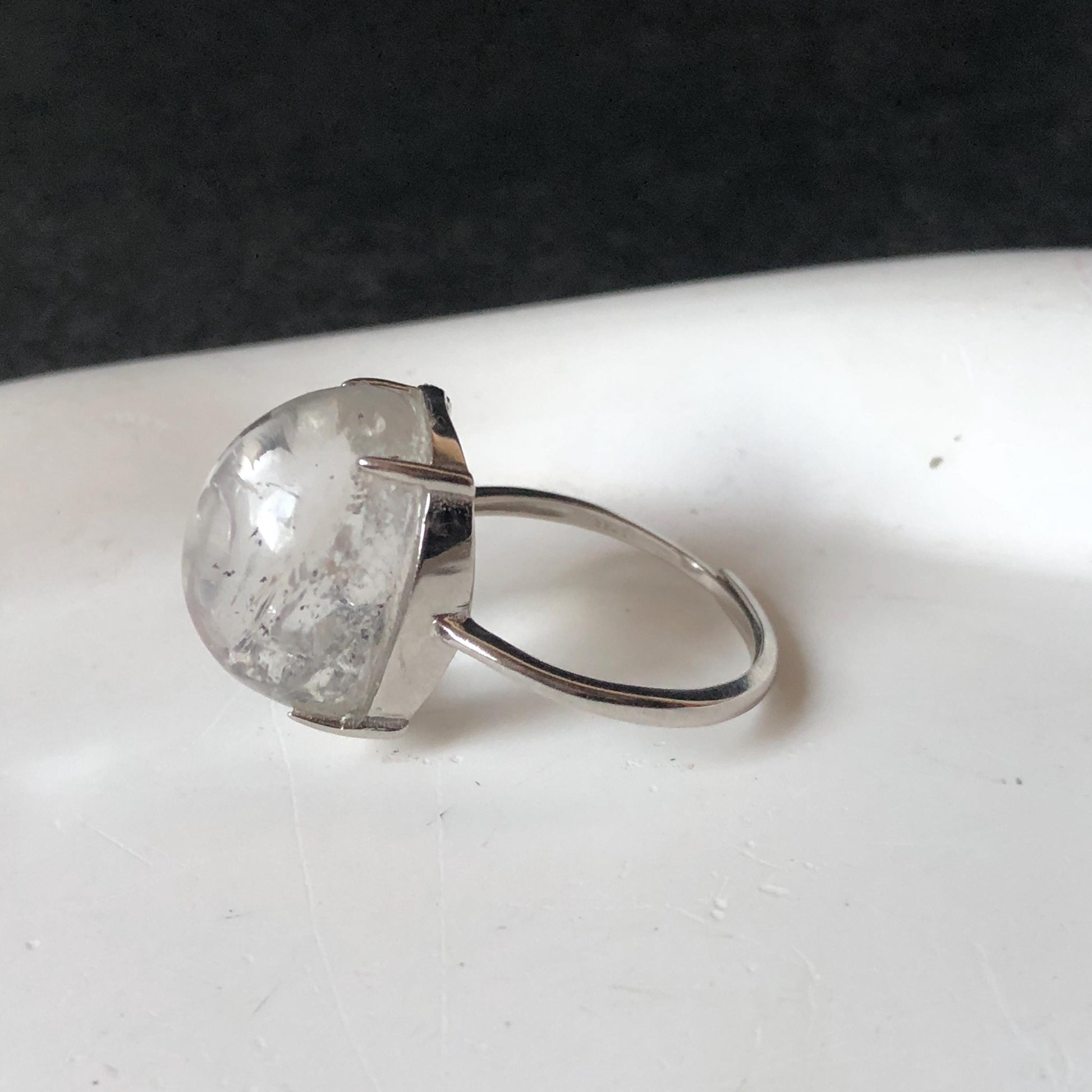 Polished Enhydro Quartz (Herkimer Diamond) S925 Silver Adjustable Ring: Big Rainbow! Moving Black Bubble Inclusion Crystal Statement Ring for Women ring crystal band ring crystal cocktail ring crystal stackable ring 7 chakra crystal ring meditation crystal healing stone birthstone silver ring ring for men rainbow quartz inclusion quartz inclusion crystal minerals specimen silver ring free size ring adjustable ring holder