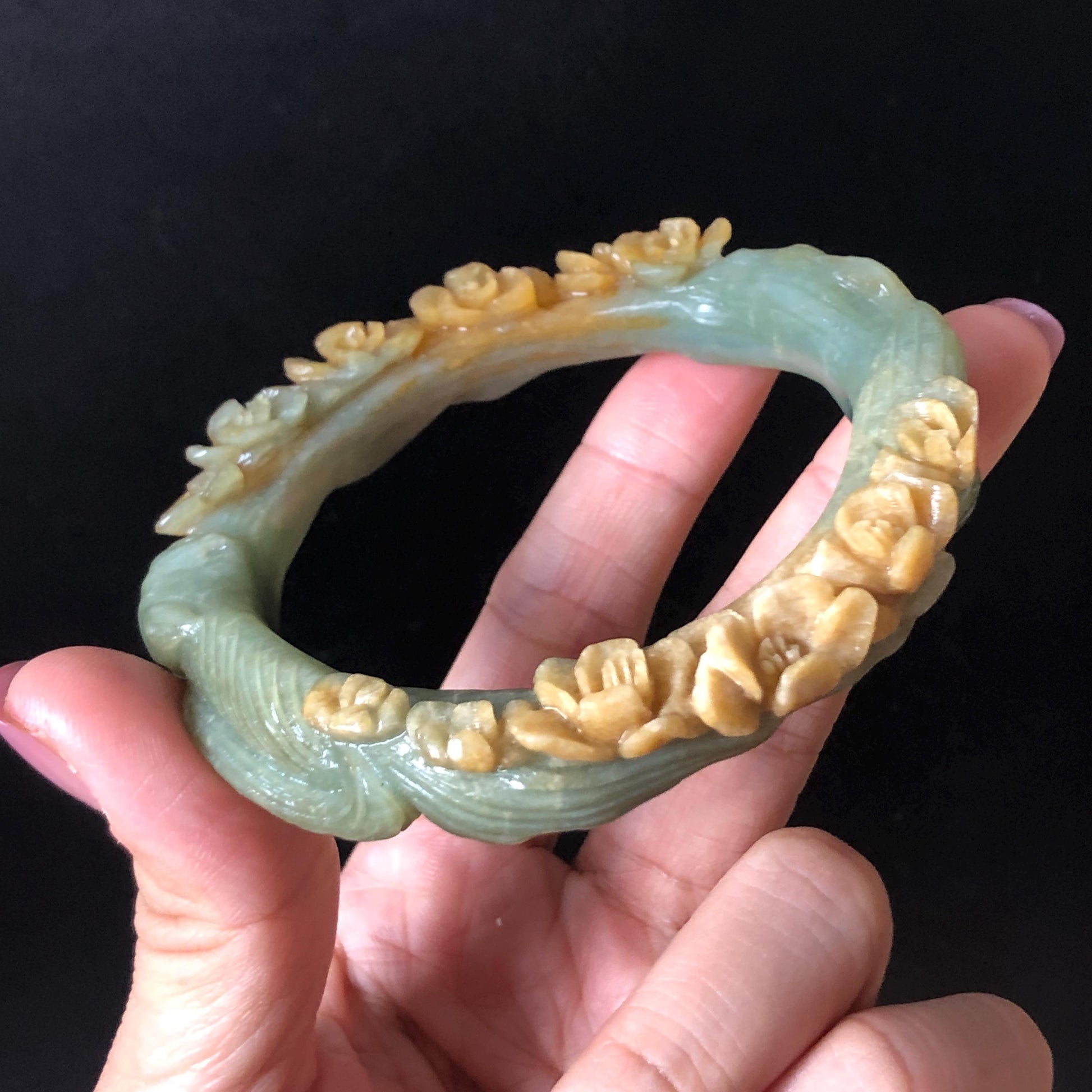 58.5 mm Xiu Jade Serpentine Hand Carved Nine-tailed Fox and flowers Bangle: Natural Bi-colour Yellow Green Jade Handcrafted Bracelet, Stone Carving Gemstone Jewelry Gift for her Green Jade jade yellow jade carving 3D stone carving nine tail fox bracelet fox bracelet cat carving handcrafted bangle chinese jade fox lover gift natural untreated jade vintage bangle antique bracelet flower carving flower carving animals carving Osmanthus flowers fox carving fox jewelry