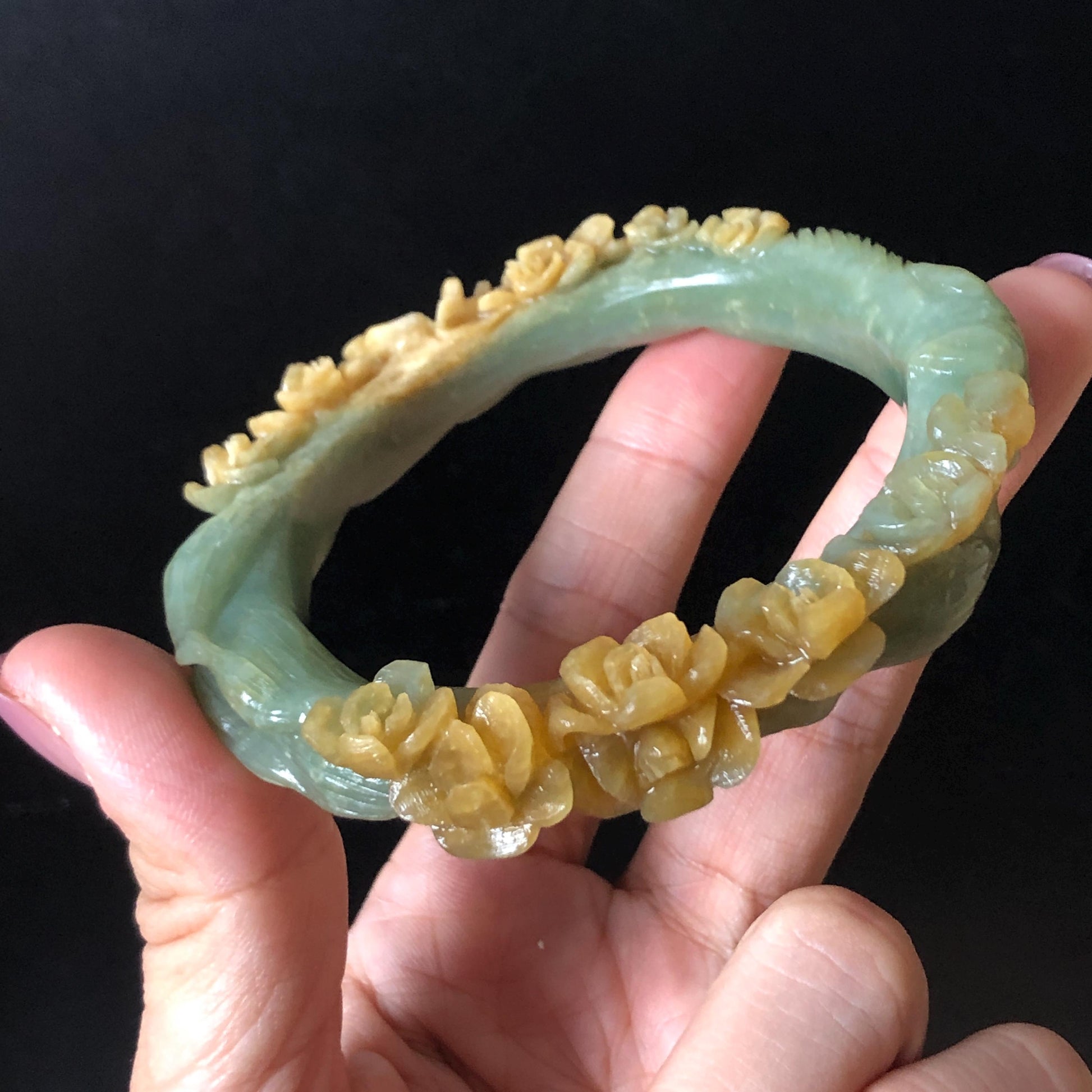 58.5 mm Xiu Jade Serpentine Hand Carved Nine-tailed Fox and flowers Bangle: Natural Bi-colour Yellow Green Jade Handcrafted Bracelet, Stone Carving Gemstone Jewelry Gift for her Green Jade jade yellow jade carving 3D stone carving nine tail fox bracelet fox bracelet cat carving handcrafted bangle chinese jade fox lover gift natural untreated jade vintage bangle antique bracelet flower carving flower carving animals carving Osmanthus flowers fox carving fox jewelry