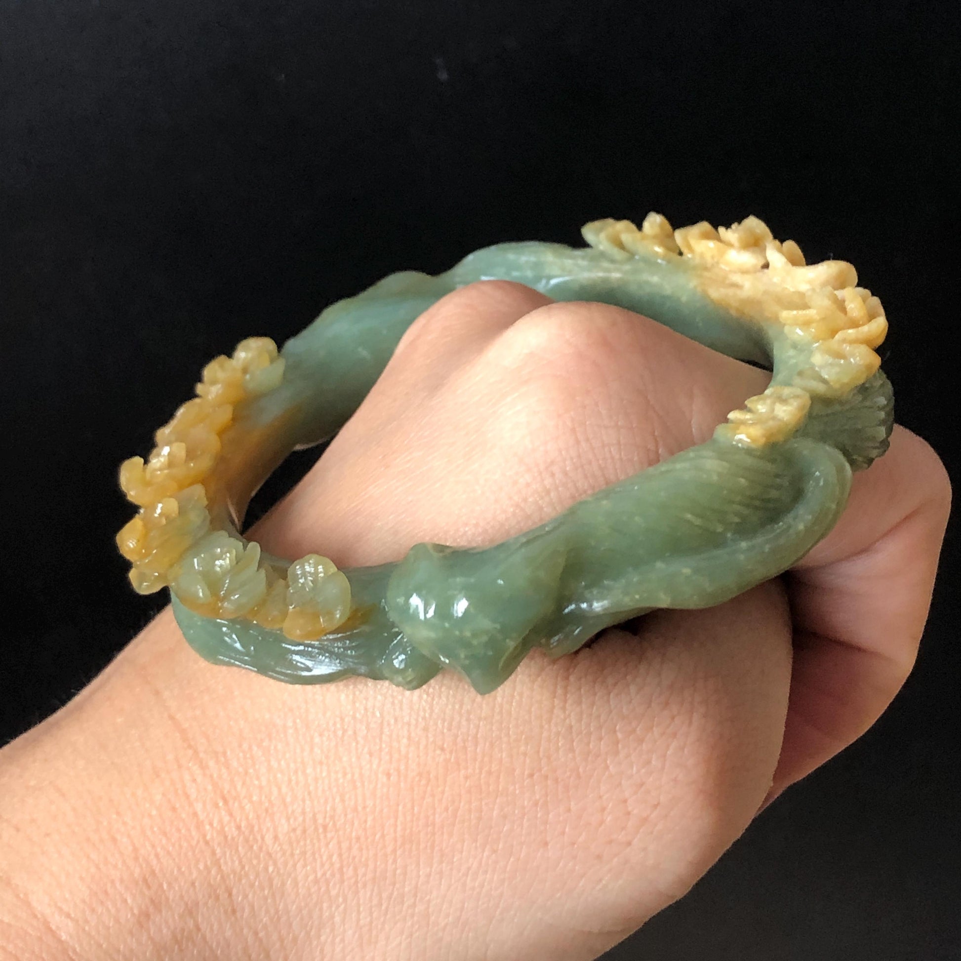 58.5 mm Xiu Jade Serpentine Hand Carved Nine-tailed Fox and flowers Bangle: Natural Bi-colour Yellow Green Jade Handcrafted Bracelet, Stone Carving Gemstone Jewelry Gift for her Green Jade jade yellow jade carving 3D stone carving nine tail fox bracelet fox bracelet cat carving handcrafted bangle chinese jade fox lover gift natural untreated jade vintage bangle antique bracelet flower carving flower carving animals carving Osmanthus flowers fox carving fox jewelry