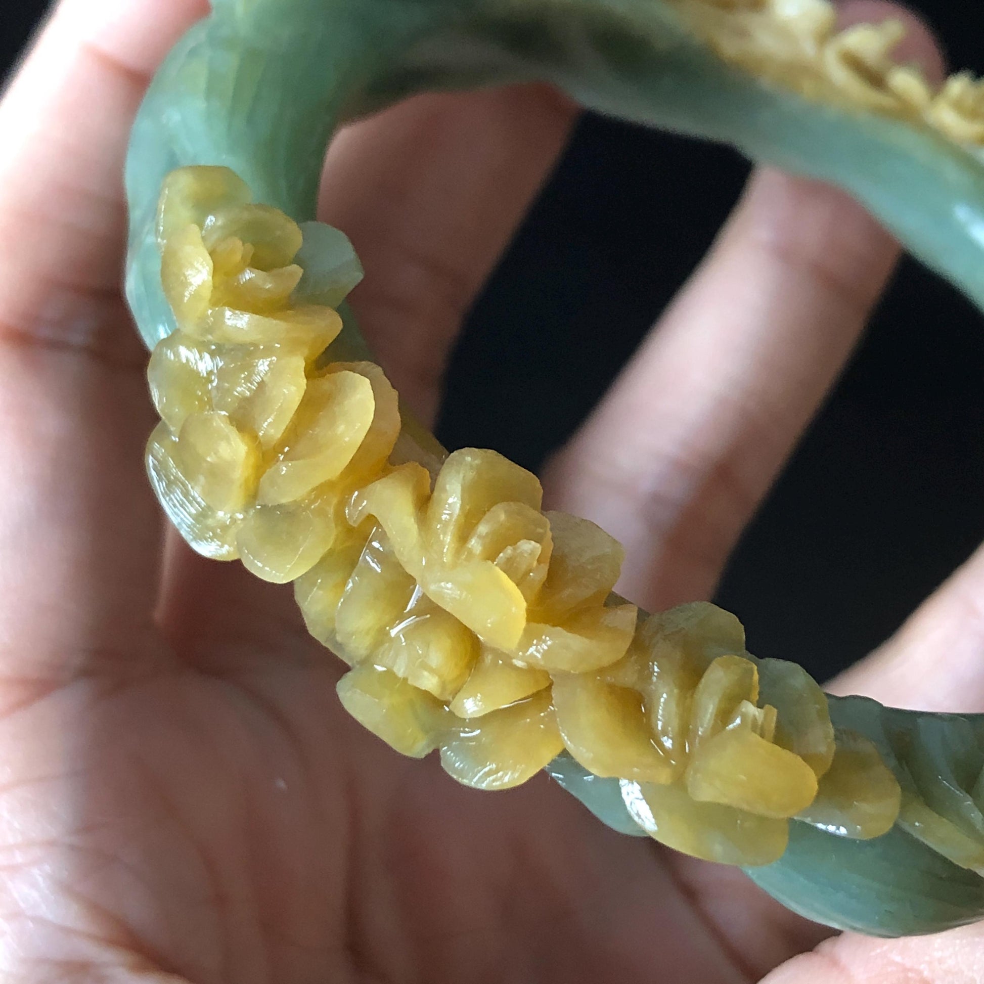 58.5 mm Xiu Jade Serpentine Hand Carved Nine-tailed Fox and flowers Bangle: Natural Bi-colour Yellow Green Jade Handcrafted Bracelet, Stone Carving Gemstone Jewelry Gift for her Green Jade jade yellow jade carving 3D stone carving nine tail fox bracelet fox bracelet cat carving handcrafted bangle chinese jade fox lover gift natural untreated jade vintage bangle antique bracelet flower carving flower carving animals carving Osmanthus flowers fox carving fox jewelry