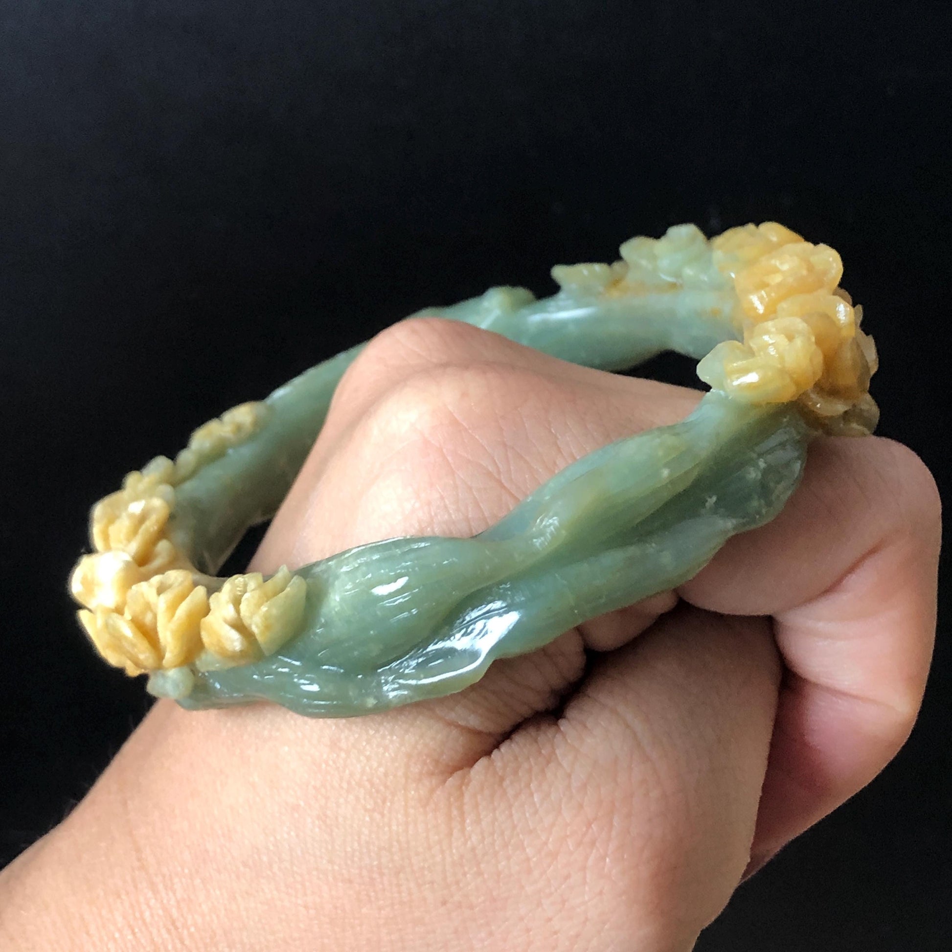 58.5 mm Xiu Jade Serpentine Hand Carved Nine-tailed Fox and flowers Bangle: Natural Bi-colour Yellow Green Jade Handcrafted Bracelet, Stone Carving Gemstone Jewelry Gift for her Green Jade jade yellow jade carving 3D stone carving nine tail fox bracelet fox bracelet cat carving handcrafted bangle chinese jade fox lover gift natural untreated jade vintage bangle antique bracelet flower carving flower carving animals carving Osmanthus flowers fox carving fox jewelry