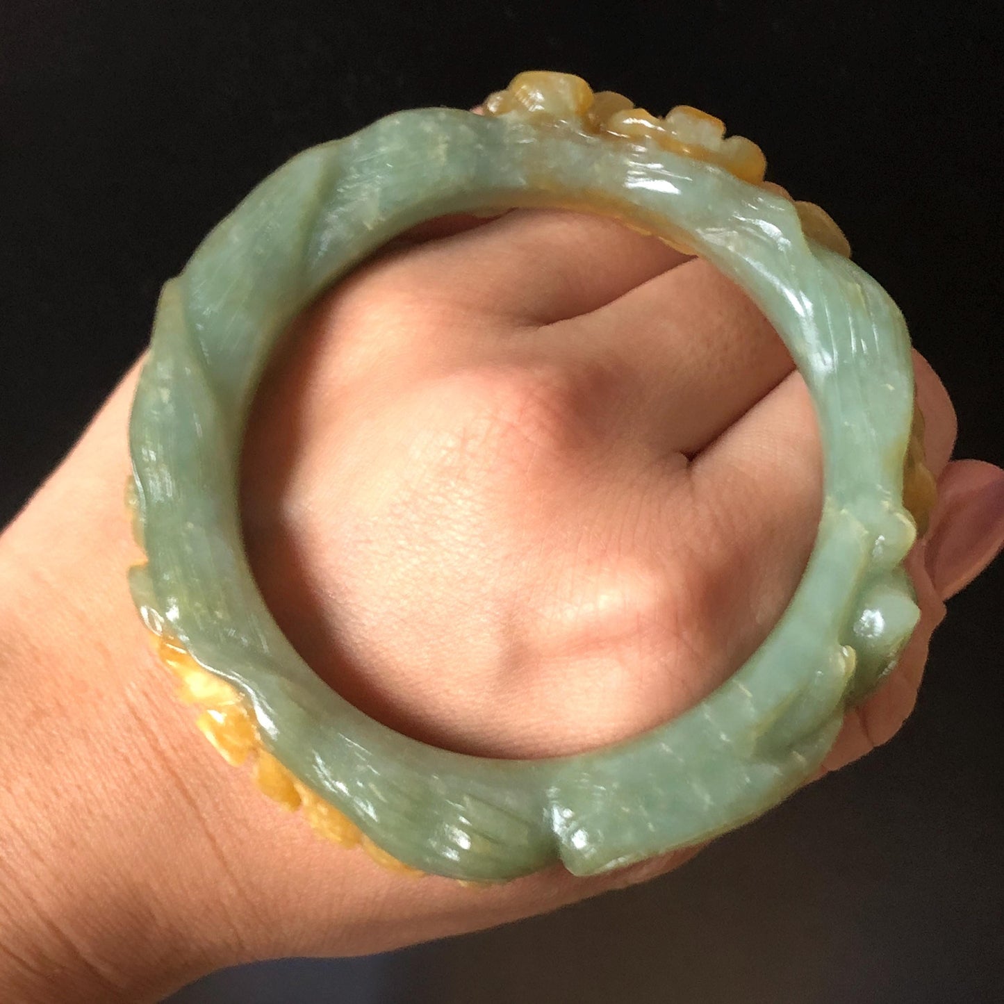 58.5 mm Xiu Jade Serpentine Hand Carved Nine-tailed Fox and flowers Bangle: Natural Bi-colour Yellow Green Jade Handcrafted Bracelet, Stone Carving Gemstone Jewelry Gift for her Green Jade jade yellow jade carving 3D stone carving nine tail fox bracelet fox bracelet cat carving handcrafted bangle chinese jade fox lover gift natural untreated jade vintage bangle antique bracelet flower carving flower carving animals carving Osmanthus flowers fox carving fox jewelry