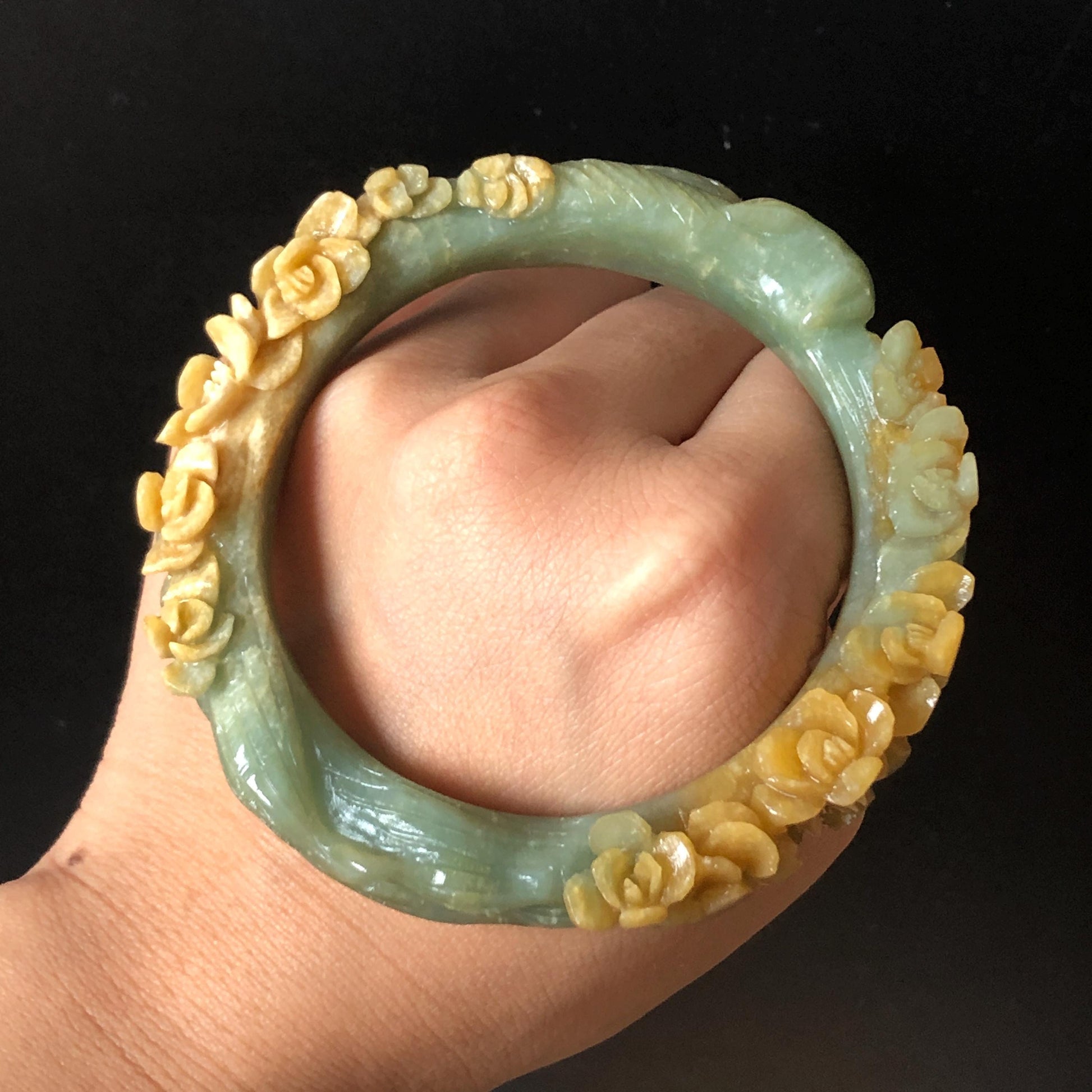 58.5 mm Xiu Jade Serpentine Hand Carved Nine-tailed Fox and flowers Bangle: Natural Bi-colour Yellow Green Jade Handcrafted Bracelet, Stone Carving Gemstone Jewelry Gift for her Green Jade jade yellow jade carving 3D stone carving nine tail fox bracelet fox bracelet cat carving handcrafted bangle chinese jade fox lover gift natural untreated jade vintage bangle antique bracelet flower carving flower carving animals carving Osmanthus flowers fox carving fox jewelry