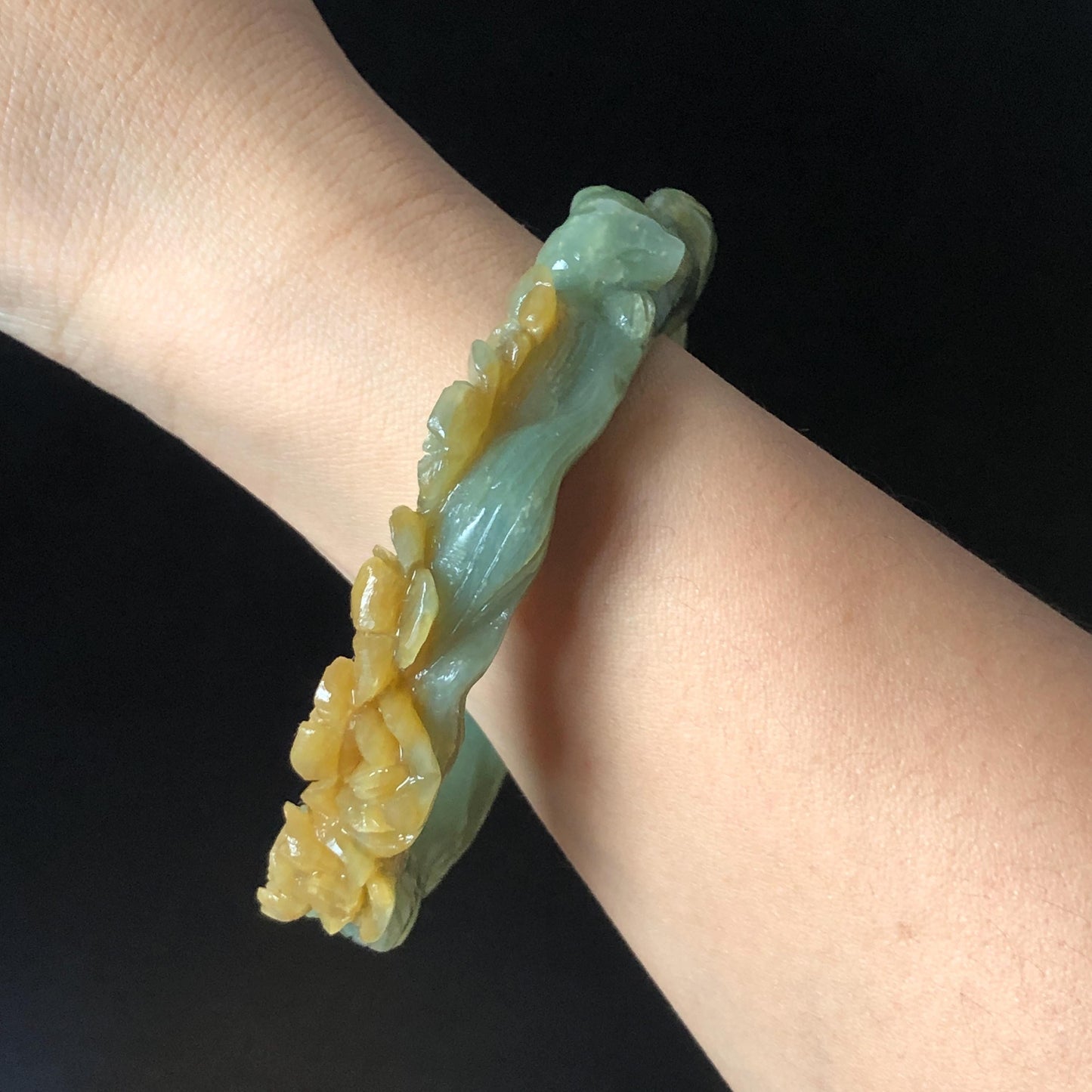58.5 mm Xiu Jade Serpentine Hand Carved Nine-tailed Fox and flowers Bangle: Natural Bi-colour Yellow Green Jade Handcrafted Bracelet, Stone Carving Gemstone Jewelry Gift for her Green Jade jade yellow jade carving 3D stone carving nine tail fox bracelet fox bracelet cat carving handcrafted bangle chinese jade fox lover gift natural untreated jade vintage bangle antique bracelet flower carving flower carving animals carving Osmanthus flowers fox carving fox jewelry