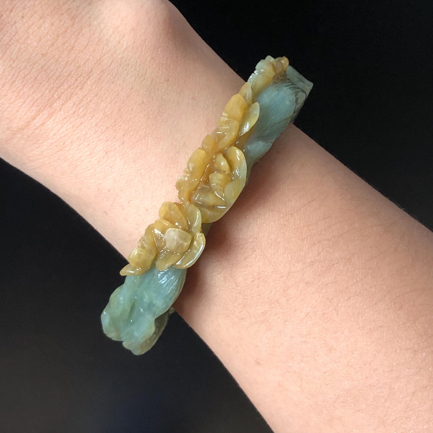 58.5 mm Xiu Jade Serpentine Hand Carved Nine-tailed Fox and flowers Bangle: Natural Bi-colour Yellow Green Jade Handcrafted Bracelet, Stone Carving Gemstone Jewelry Gift for her Green Jade jade yellow jade carving 3D stone carving nine tail fox bracelet fox bracelet cat carving handcrafted bangle chinese jade fox lover gift natural untreated jade vintage bangle antique bracelet flower carving flower carving animals carving Osmanthus flowers fox carving fox jewelry