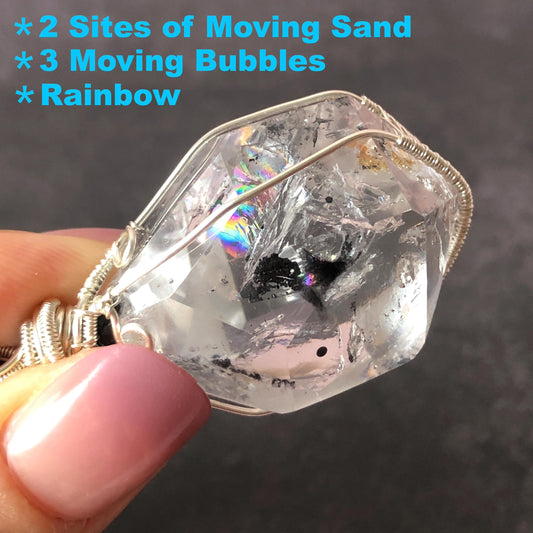 Rare Polished Enhydro Quartz (Herkimer Diamond) Wire Wrapped Pendant Adjustable Necklace | Rainbow! 2 Sites of Moving Sand & Multiple Bubble Inclusion Crystal | Natural Gemstone Birthstone Gift for her Rainbow Quartz Rainbow crystal enhydro quartz sand water-fall pendant necklace choker gemstone charm stone pendant choker polished stone pendant crystal charm birthstone gift for her men necklace chakra crystal purify stone minerals specimen adjustable choker  silver wire wrapped pendant