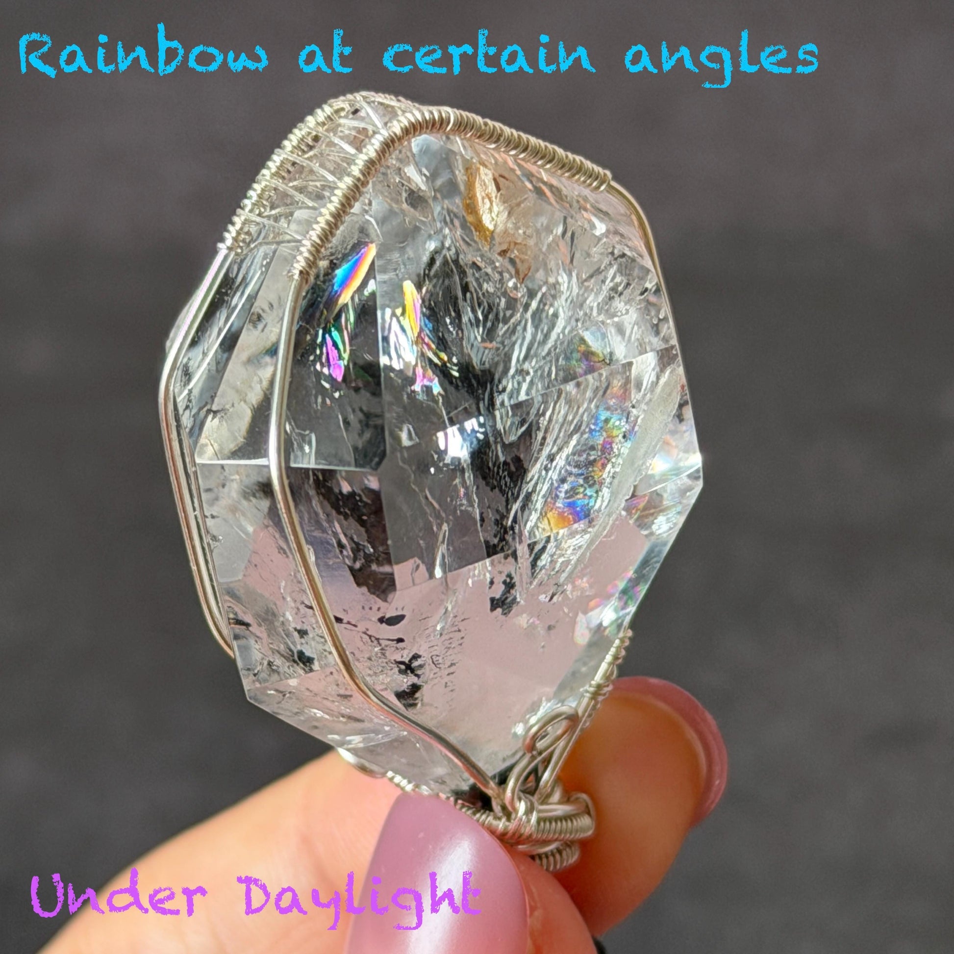 Rare Polished Enhydro Quartz (Herkimer Diamond) Wire Wrapped Pendant Adjustable Necklace | Rainbow! 2 Sites of Moving Sand & Multiple Bubble Inclusion Crystal | Natural Gemstone Birthstone Gift for her Rainbow Quartz Rainbow crystal enhydro quartz sand water-fall pendant necklace choker gemstone charm stone pendant choker polished stone pendant crystal charm birthstone gift for her men necklace chakra crystal purify stone minerals specimen adjustable choker  silver wire wrapped pendant
