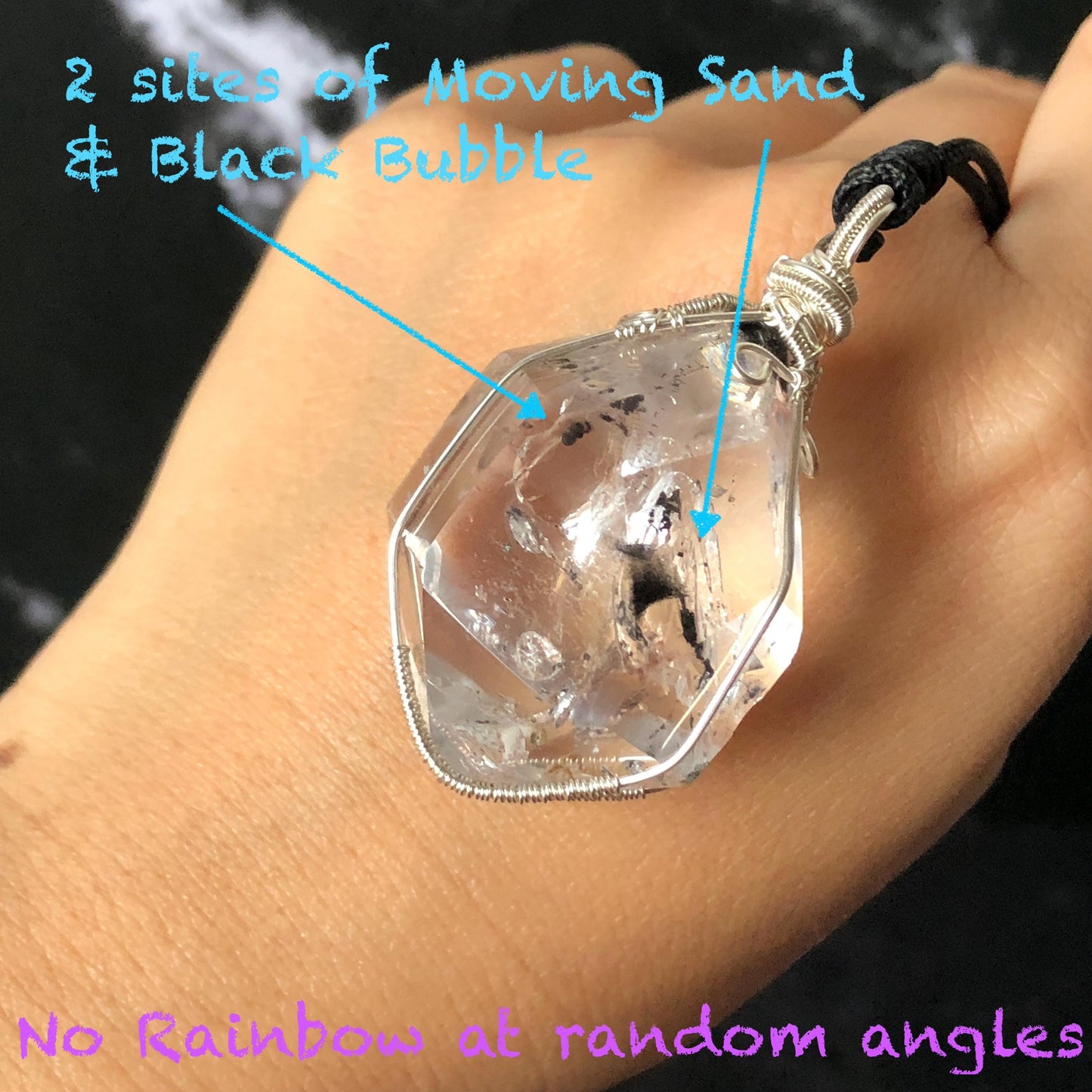 Rare Polished Enhydro Quartz (Herkimer Diamond) Wire Wrapped Pendant Adjustable Necklace | Rainbow! 2 Sites of Moving Sand & Multiple Bubble Inclusion Crystal | Natural Gemstone Birthstone Gift for her Rainbow Quartz Rainbow crystal enhydro quartz sand water-fall pendant necklace choker gemstone charm stone pendant choker polished stone pendant crystal charm birthstone gift for her men necklace chakra crystal purify stone minerals specimen adjustable choker  silver wire wrapped pendant