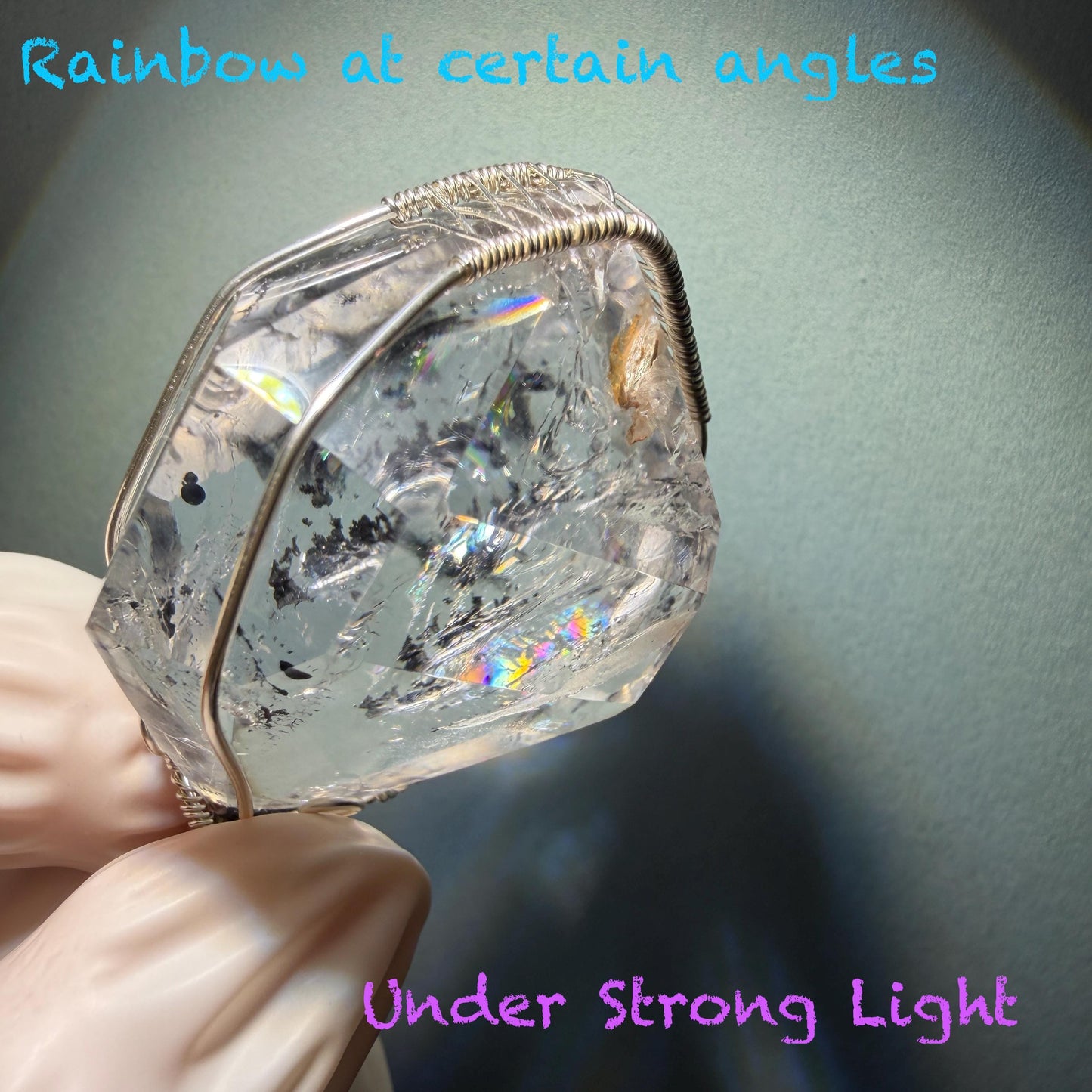 Rare Polished Enhydro Quartz (Herkimer Diamond) Wire Wrapped Pendant Adjustable Necklace | Rainbow! 2 Sites of Moving Sand & Multiple Bubble Inclusion Crystal | Natural Gemstone Birthstone Gift for her Rainbow Quartz Rainbow crystal enhydro quartz sand water-fall pendant necklace choker gemstone charm stone pendant choker polished stone pendant crystal charm birthstone gift for her men necklace chakra crystal purify stone minerals specimen adjustable choker  silver wire wrapped pendant