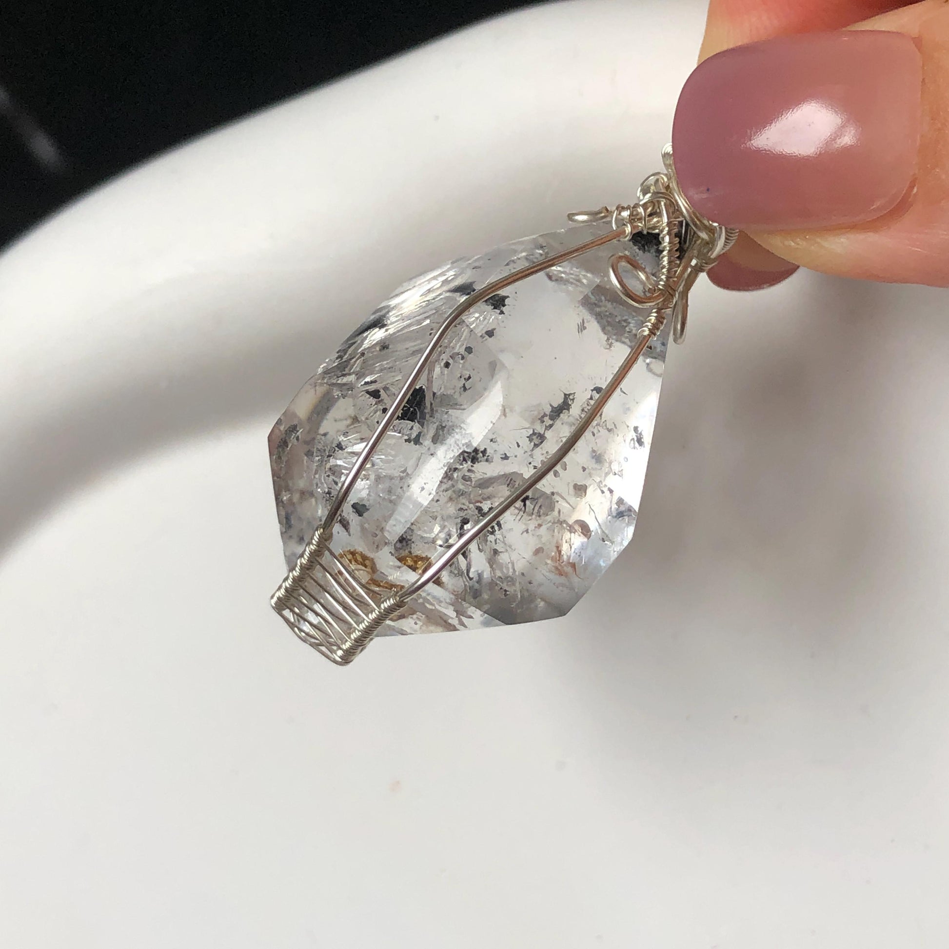Rare Polished Enhydro Quartz (Herkimer Diamond) Wire Wrapped Pendant Adjustable Necklace | Rainbow! 2 Sites of Moving Sand & Multiple Bubble Inclusion Crystal | Natural Gemstone Birthstone Gift for her Rainbow Quartz Rainbow crystal enhydro quartz sand water-fall pendant necklace choker gemstone charm stone pendant choker polished stone pendant crystal charm birthstone gift for her men necklace chakra crystal purify stone minerals specimen adjustable choker  silver wire wrapped pendant