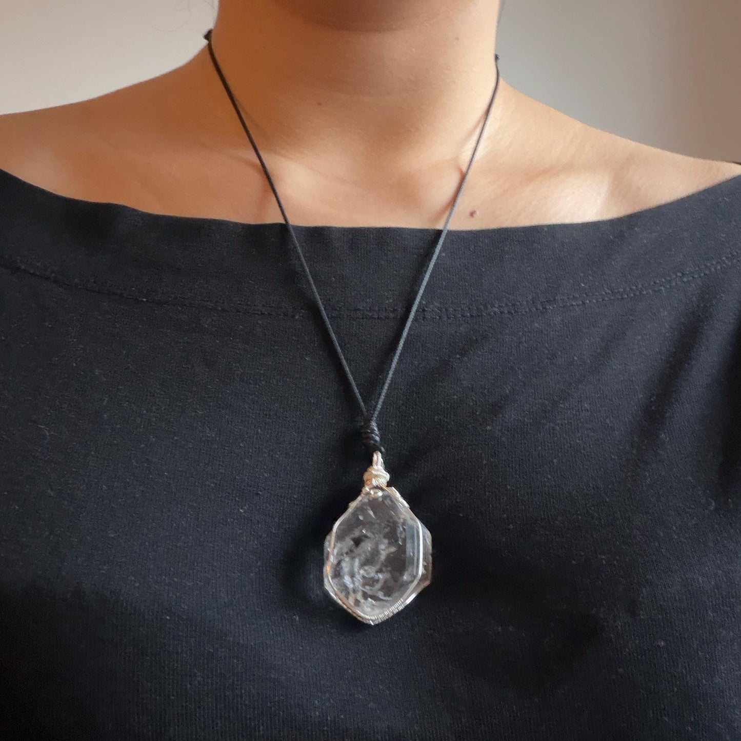 Rare Polished Enhydro Quartz (Herkimer Diamond) Wire Wrapped Pendant Adjustable Necklace | Rainbow! 2 Sites of Moving Sand & Multiple Bubble Inclusion Crystal | Natural Gemstone Birthstone Gift for her Rainbow Quartz Rainbow crystal enhydro quartz sand water-fall pendant necklace choker gemstone charm stone pendant choker polished stone pendant crystal charm birthstone gift for her men necklace chakra crystal purify stone minerals specimen adjustable choker  silver wire wrapped pendant