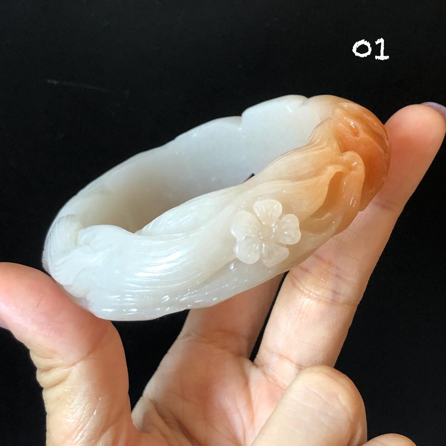 57-60mm Quartzite (She Taicui jade) Hand Carved Nine-tailed Fox Flower Stone Bangle: Natural Handcrafted Milky Coral Sands White Bracelet