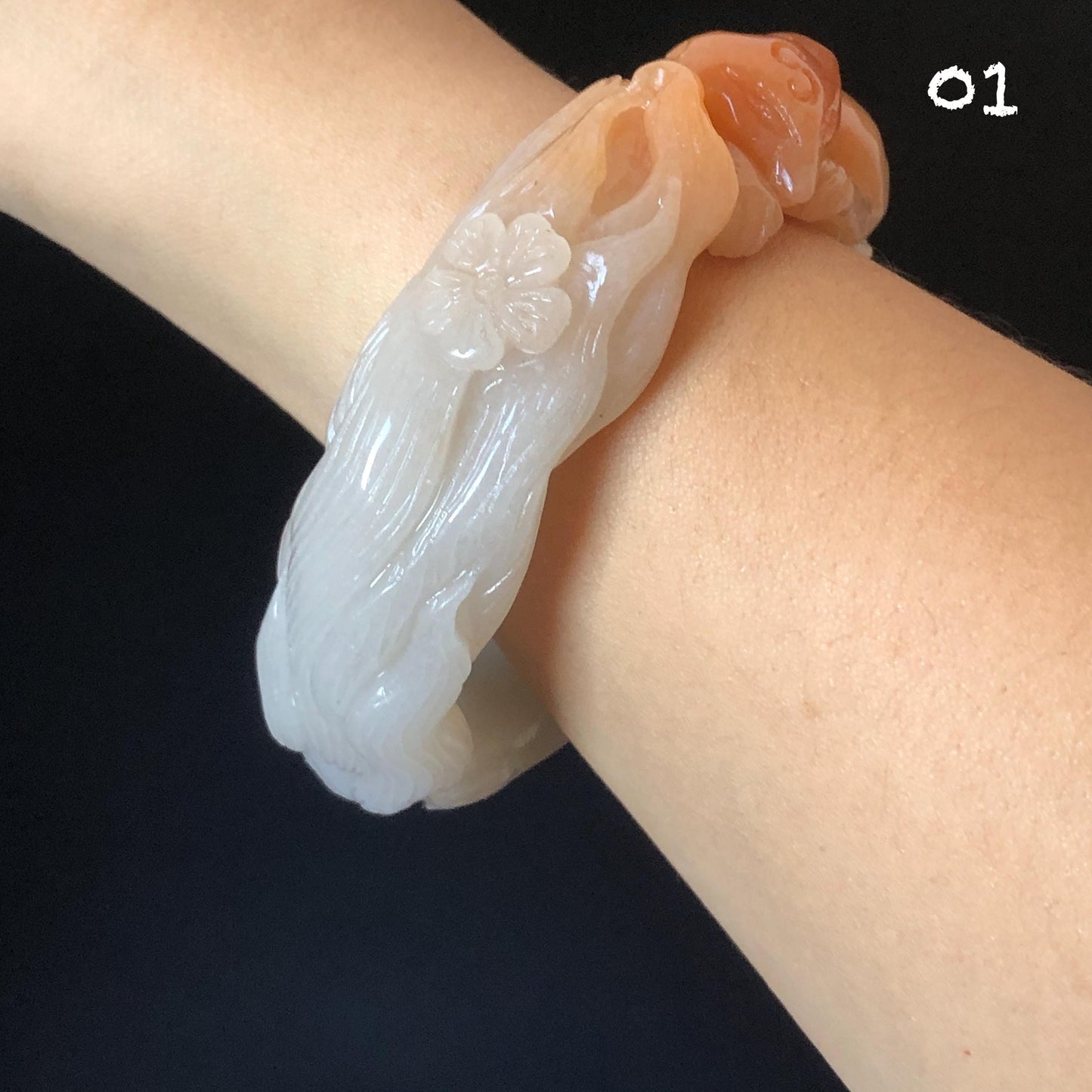 57-60mm Quartzite (She Taicui jade) Hand Carved Nine-tailed Fox Flower Stone Bangle: Natural Handcrafted Milky Coral Sands White Bracelet