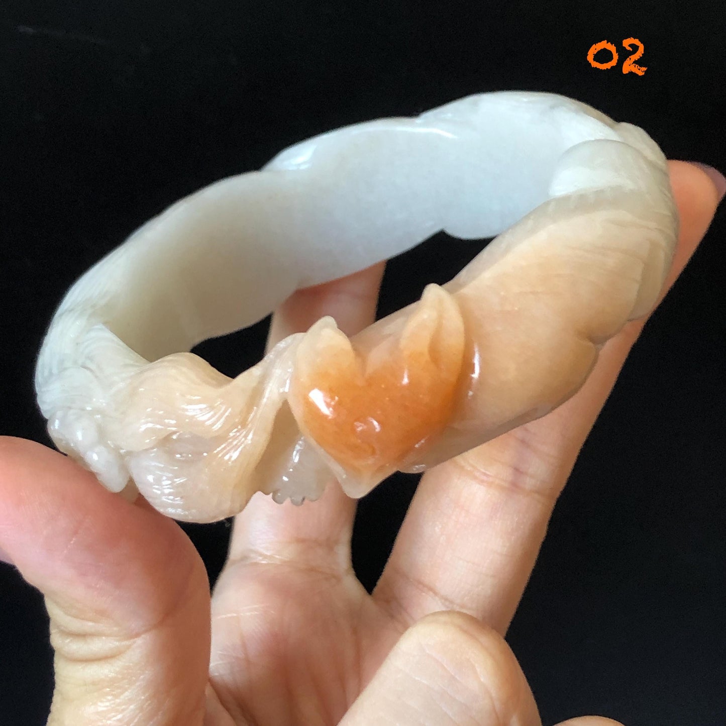 57-60mm Quartzite (She Taicui jade) Hand Carved Nine-tailed Fox Flower Stone Bangle: Natural Handcrafted Milky Coral Sands White Bracelet