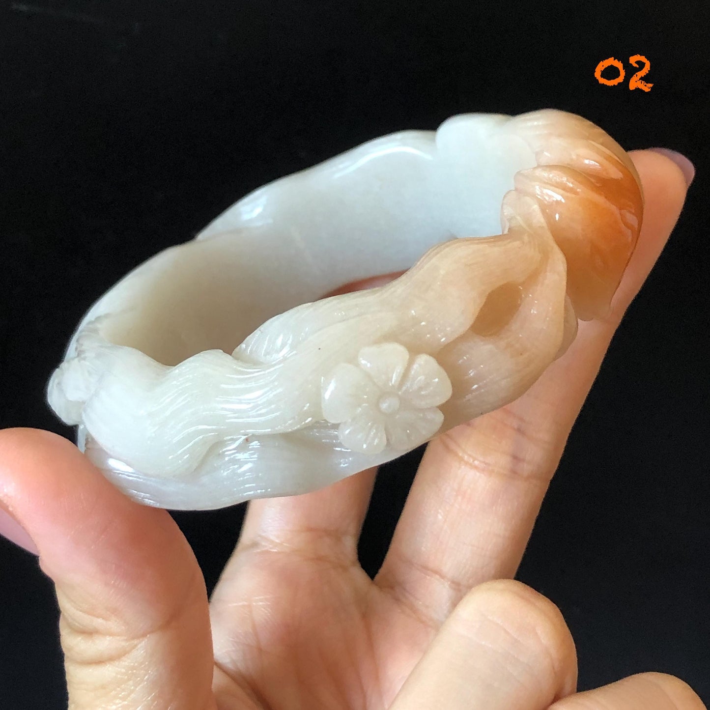 57-60mm Quartzite (She Taicui jade) Hand Carved Nine-tailed Fox Flower Stone Bangle: Natural Handcrafted Milky Coral Sands White Bracelet