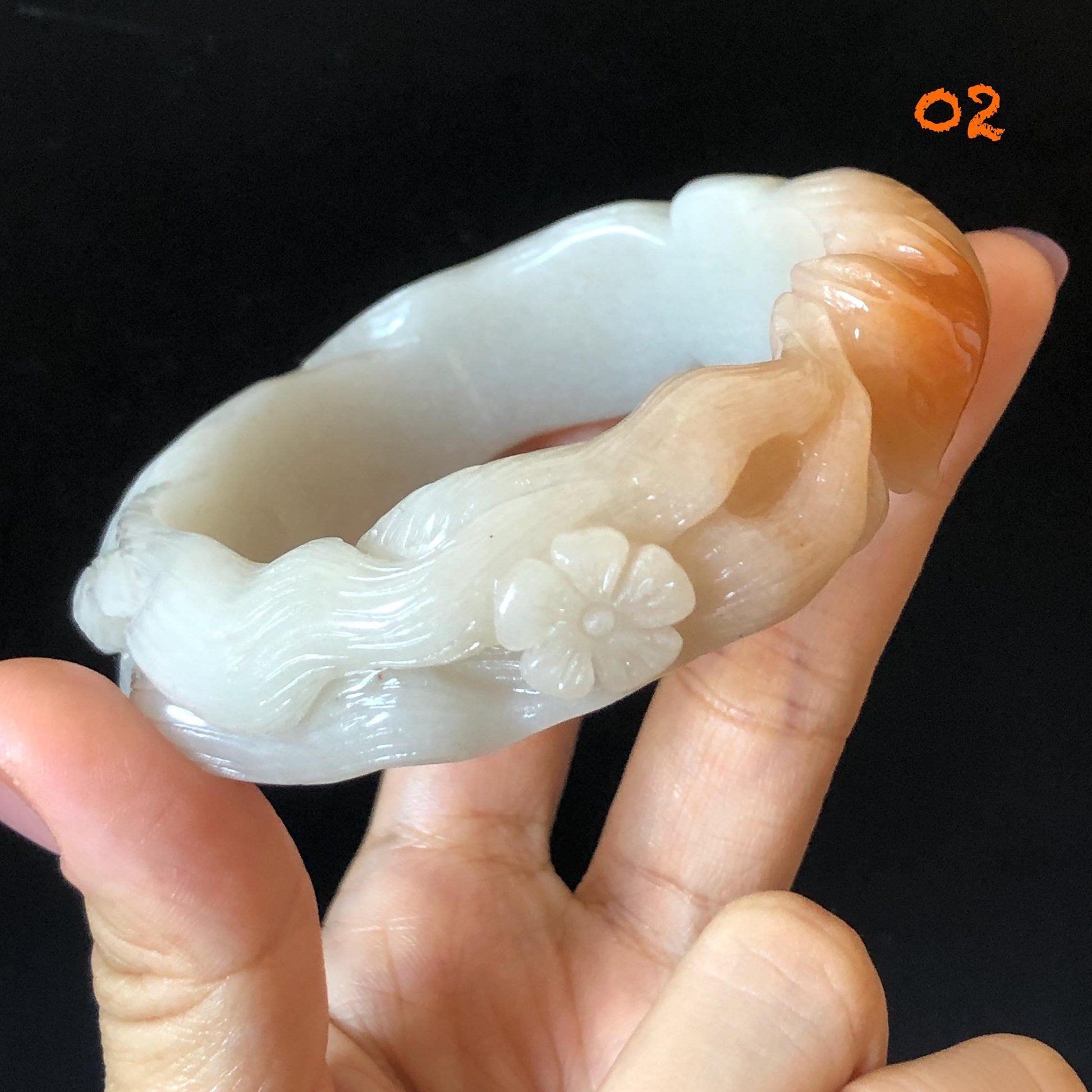 57-60mm Quartzite (She Taicui jade) Hand Carved Nine-tailed Fox Flower Stone Bangle: Natural Handcrafted Milky Coral Sands White Bracelet