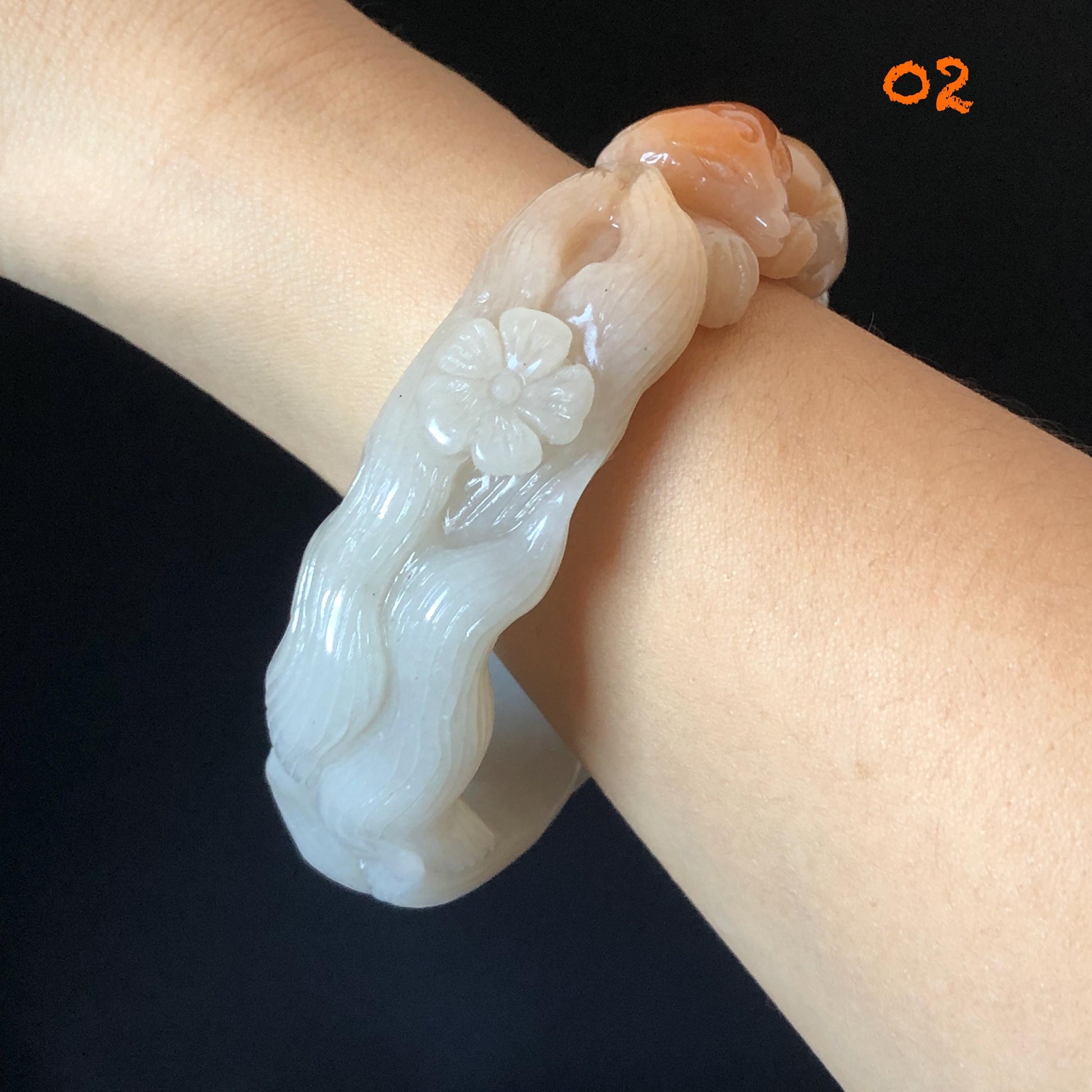 57-60mm Quartzite (She Taicui jade) Hand Carved Nine-tailed Fox Flower Stone Bangle: Natural Handcrafted Milky Coral Sands White Bracelet