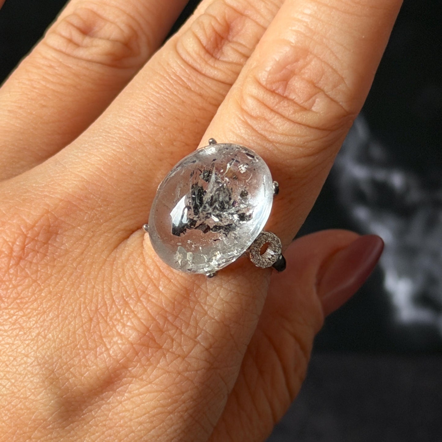 Polished Enhydro Quartz (Herkimer Diamond) S925 Silver Adjustable Ring: Big Rainbow! Moving Sand Inclusion Crystal Statement Ring for Women ring crystal band ring crystal cocktail ring crystal stackable ring 7 chakra crystal ring meditation crystal healing stone birthstone silver ring ring for men rainbow quartz inclusion quartz inclusion crystal minerals specimen silver ring free size ring adjustable ring holder rain quartz