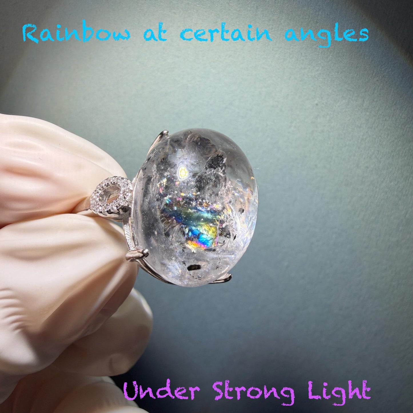 Polished Enhydro Quartz (Herkimer Diamond) S925 Silver Adjustable Ring: Big Rainbow! Moving Sand Inclusion Crystal Statement Ring for Women ring crystal band ring crystal cocktail ring crystal stackable ring 7 chakra crystal ring meditation crystal healing stone birthstone silver ring ring for men rainbow quartz inclusion quartz inclusion crystal minerals specimen silver ring free size ring adjustable ring holder rain quartz