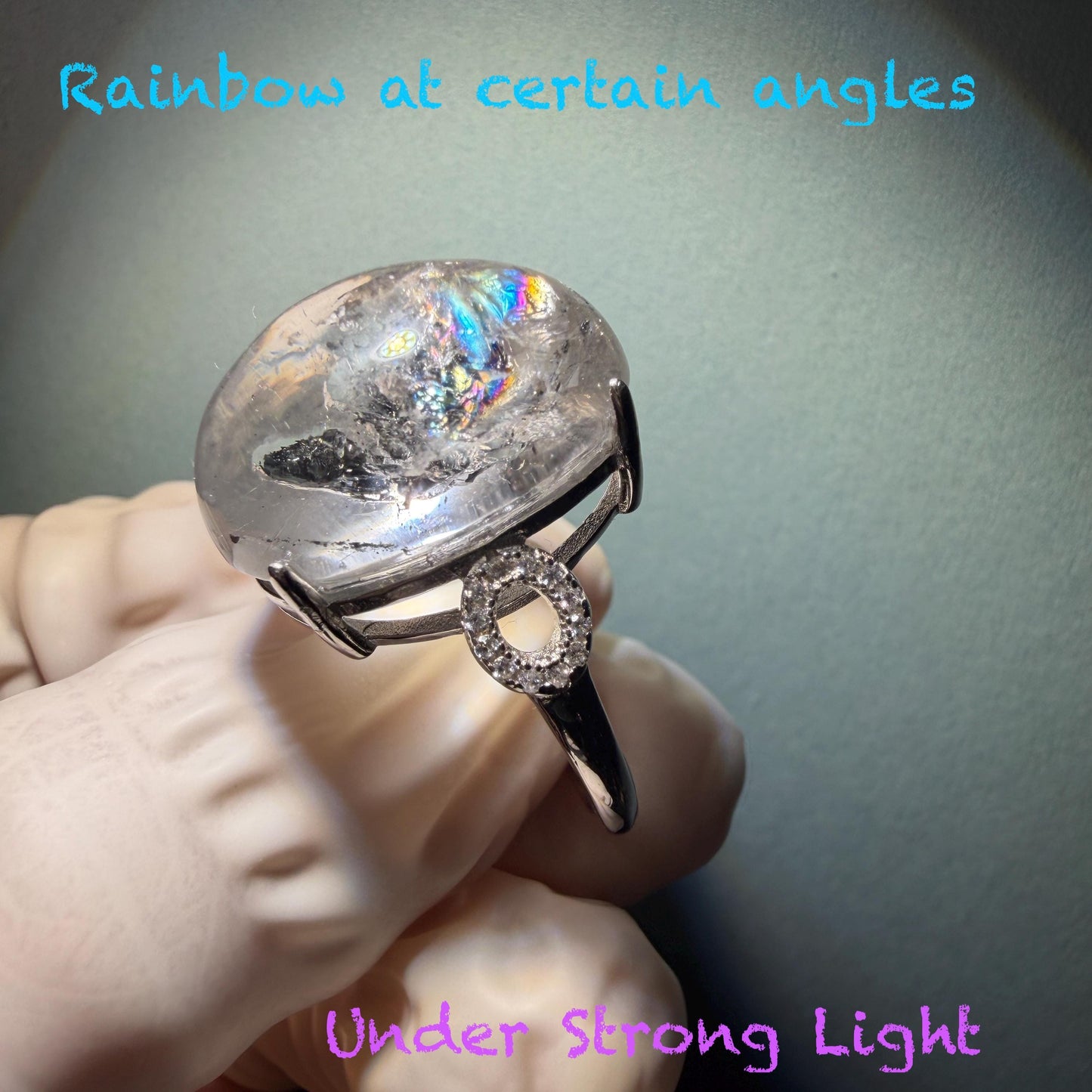 Polished Enhydro Quartz (Herkimer Diamond) S925 Silver Adjustable Ring: Big Rainbow! Moving Sand Inclusion Crystal Statement Ring for Women ring crystal band ring crystal cocktail ring crystal stackable ring 7 chakra crystal ring meditation crystal healing stone birthstone silver ring ring for men rainbow quartz inclusion quartz inclusion crystal minerals specimen silver ring free size ring adjustable ring holder rain quartz
