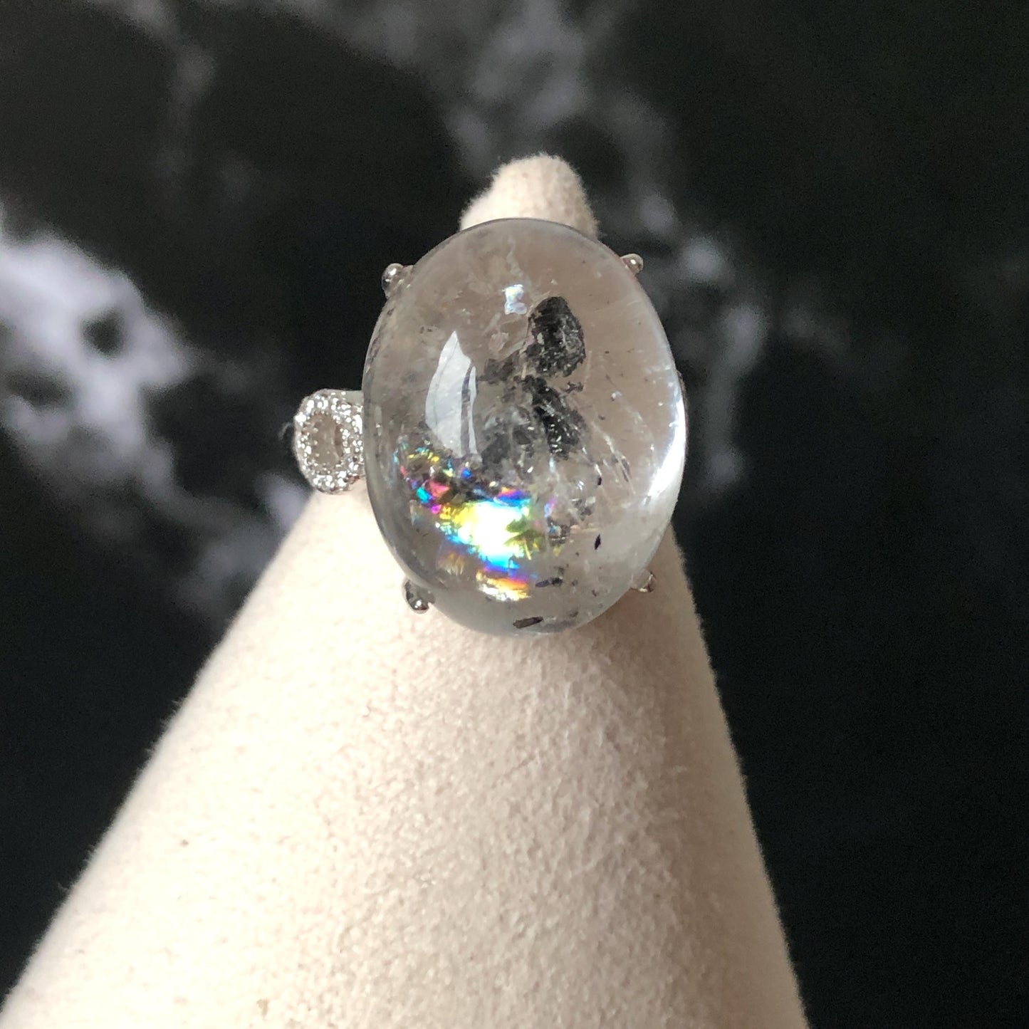 Polished Enhydro Quartz (Herkimer Diamond) S925 Silver Adjustable Ring: Big Rainbow! Moving Sand Inclusion Crystal Statement Ring for Women ring crystal band ring crystal cocktail ring crystal stackable ring 7 chakra crystal ring meditation crystal healing stone birthstone silver ring ring for men rainbow quartz inclusion quartz inclusion crystal minerals specimen silver ring free size ring adjustable ring holder rain quartz