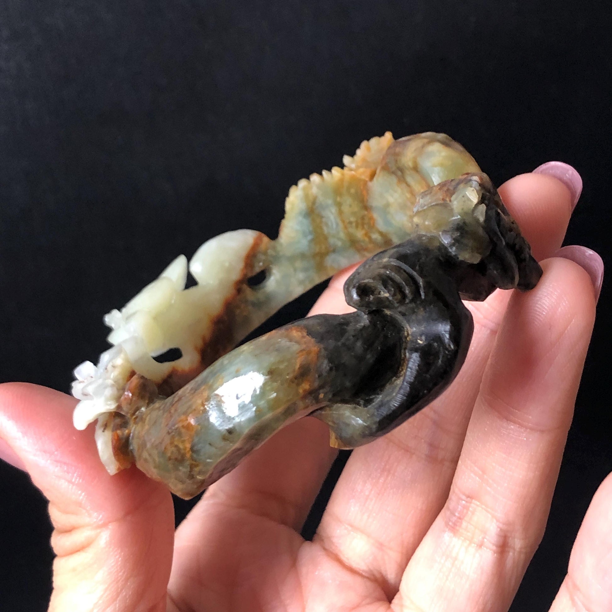 55.1mm Xiu Jade Serpentine Hand Carved Lily Flower Bangle: Natural Multi color Brown Green White Jade Handcrafted 3D carving Bracelet