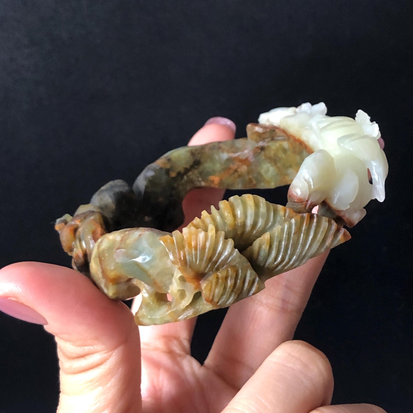 55.1mm Xiu Jade Serpentine Hand Carved Lily Flower Bangle: Natural Multi color Brown Green White Jade Handcrafted 3D carving Bracelet