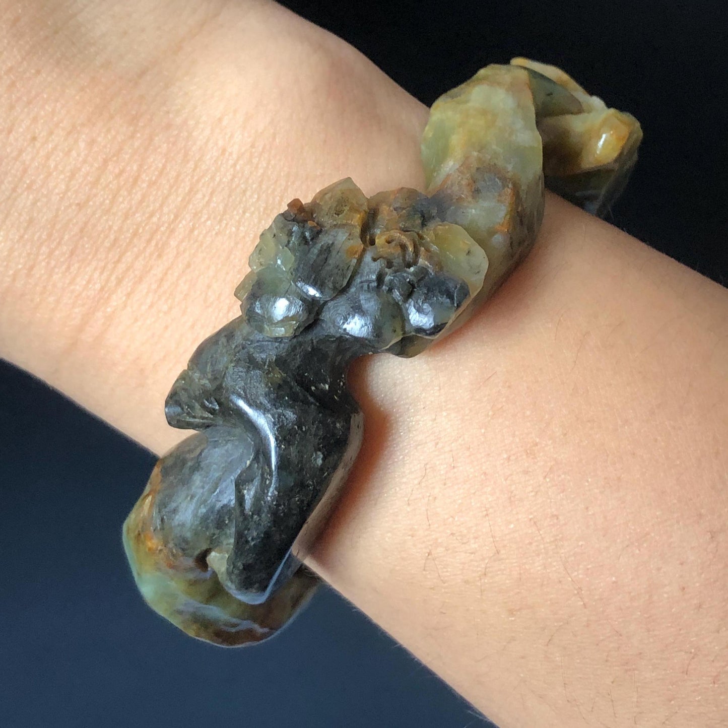 55.1mm Xiu Jade Serpentine Hand Carved Lily Flower Bangle: Natural Multi color Brown Green White Jade Handcrafted Bracelet, Stone Carving Gemstone Jewelry Gift for her irregular jade bangle jade carving hand engraved stone carving natural untreated jade bracelet black jade white jade green jade brown jade handcraft jade lily carving flower carving chinese jade vintage bangle antique bracelet sesame bracelet multi colour jade pine tree