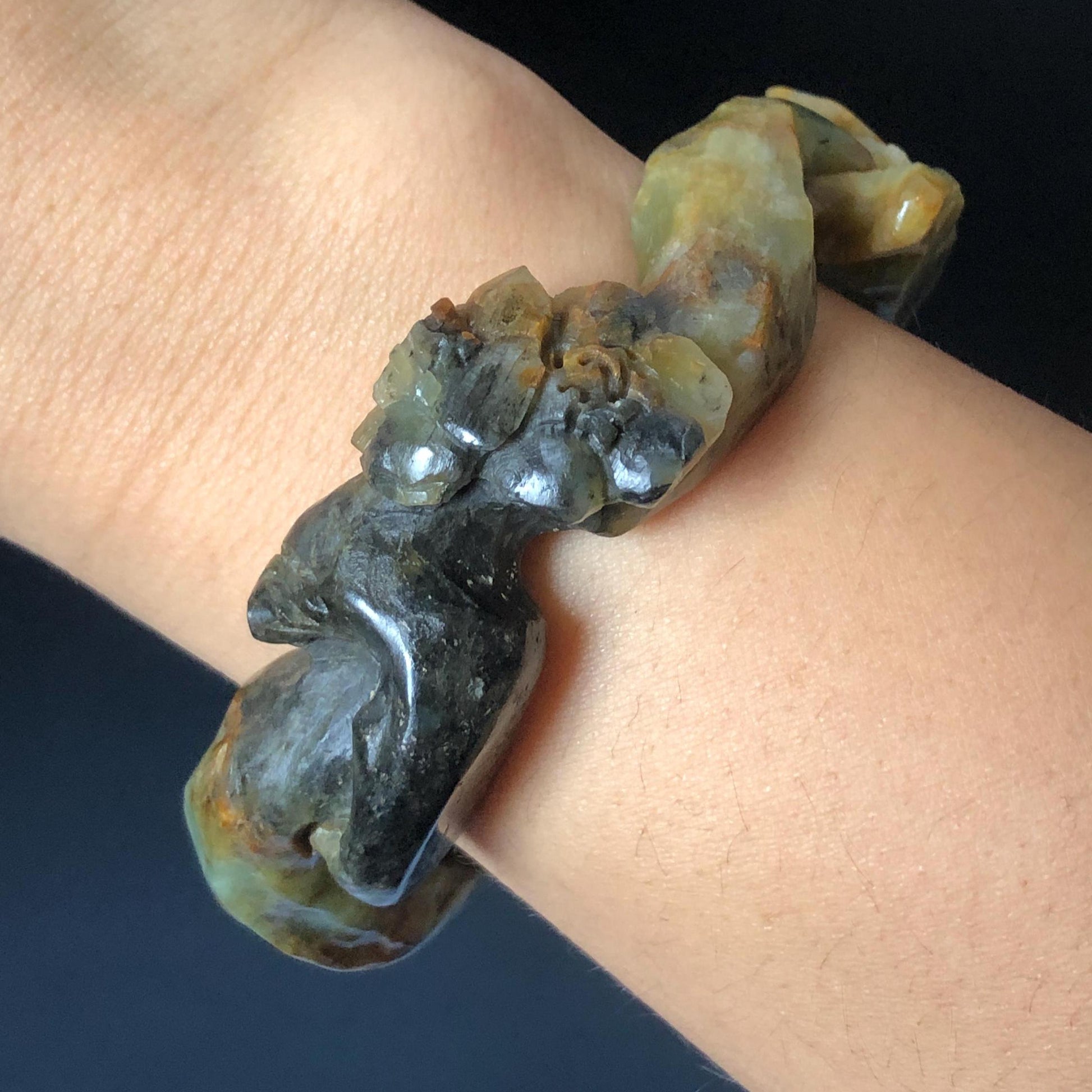 55.1mm Xiu Jade Serpentine Hand Carved Lily Flower Bangle: Natural Multi color Brown Green White Jade Handcrafted Bracelet, Stone Carving Gemstone Jewelry Gift for her irregular jade bangle jade carving hand engraved stone carving natural untreated jade bracelet black jade white jade green jade brown jade handcraft jade lily carving flower carving chinese jade vintage bangle antique bracelet sesame bracelet multi colour jade pine tree