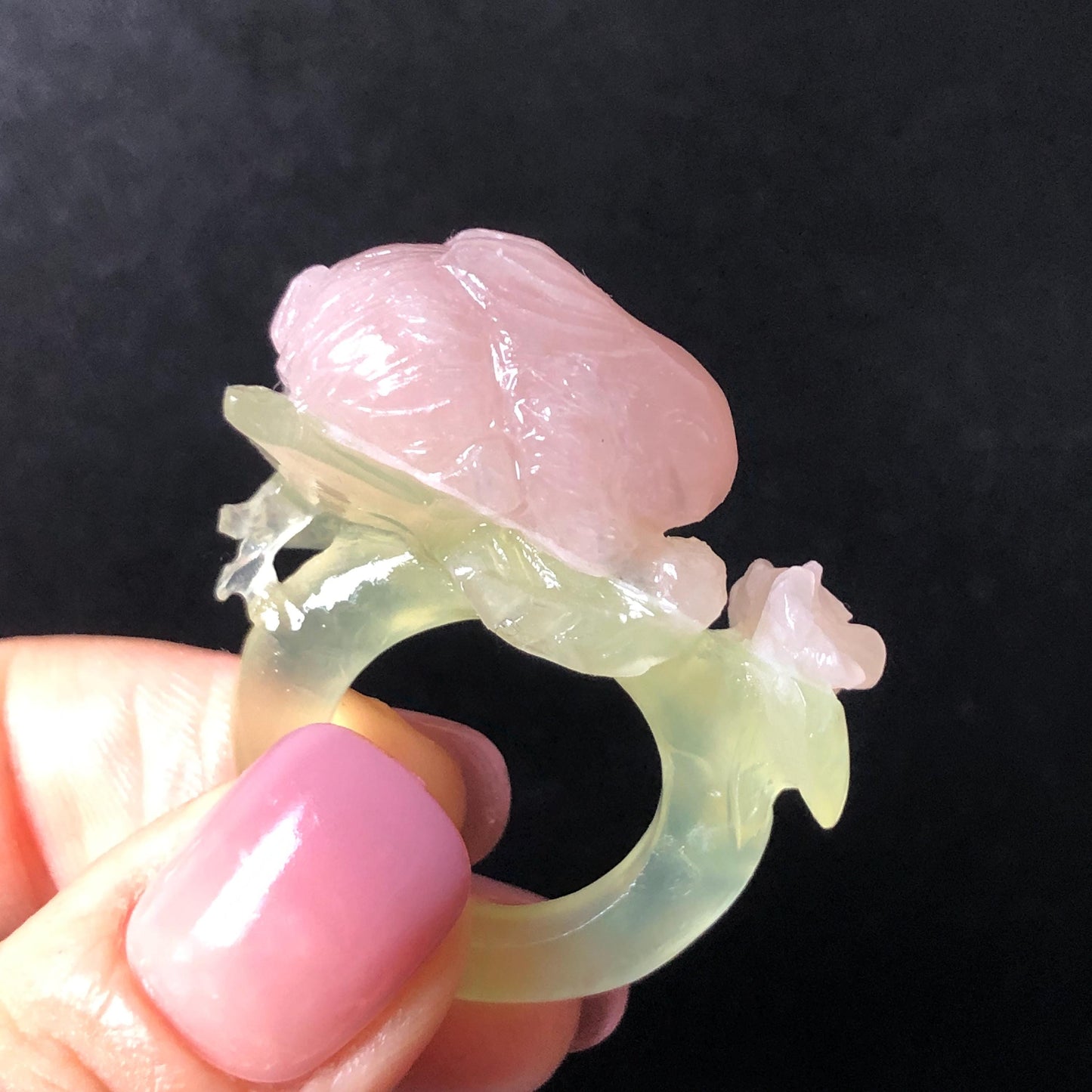 Custom Size! Xiu Jade Serpentine Hand Carved Pink Rabbit Bunny Flower Statement Ring: Green & Pink Jade Handcrafted 3D Stone Carving Ring Gift for her yellow jade green jade carving pink jade carbonate jade ring hand carved jade band ring bird carving flower carving natural jade band ring cocktail ring for women make to order ring big size ring small size ring personalized ring customised ring flower ring rabbit carving bunny ring rabbit lover gift 3D stone carving