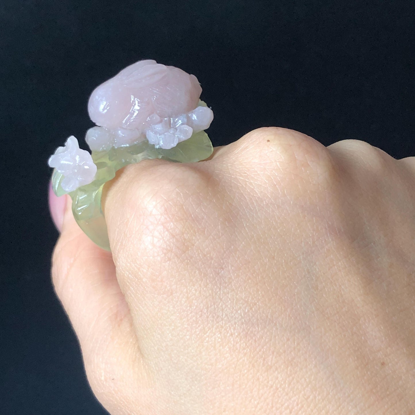 Custom Size! Xiu Jade Serpentine Hand Carved Pink Rabbit Bunny Flower Statement Ring: Green & Pink Jade Handcrafted 3D Stone Carving Ring Gift for her yellow jade green jade carving pink jade carbonate jade ring hand carved jade band ring bird carving flower carving natural jade band ring cocktail ring for women make to order ring big size ring small size ring personalized ring customised ring flower ring rabbit carving bunny ring rabbit lover gift 3D stone carving