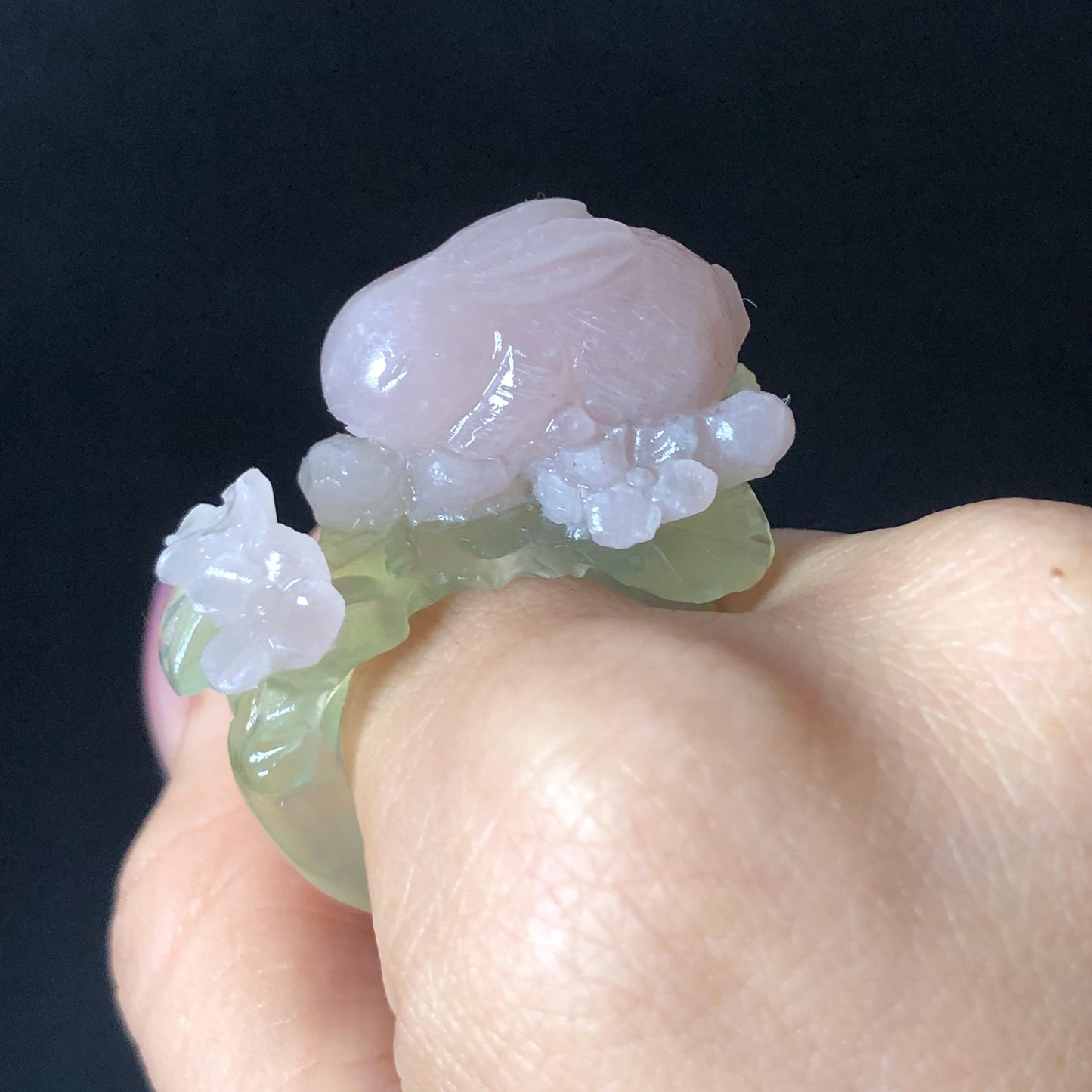 Custom Size! Xiu Jade Serpentine Hand Carved Pink Rabbit Bunny Flower Statement Ring: Green & Pink Jade Handcrafted 3D Stone Carving Ring Gift for her yellow jade green jade carving pink jade carbonate jade ring hand carved jade band ring bird carving flower carving natural jade band ring cocktail ring for women make to order ring big size ring small size ring personalized ring customised ring flower ring rabbit carving bunny ring rabbit lover gift 3D stone carving