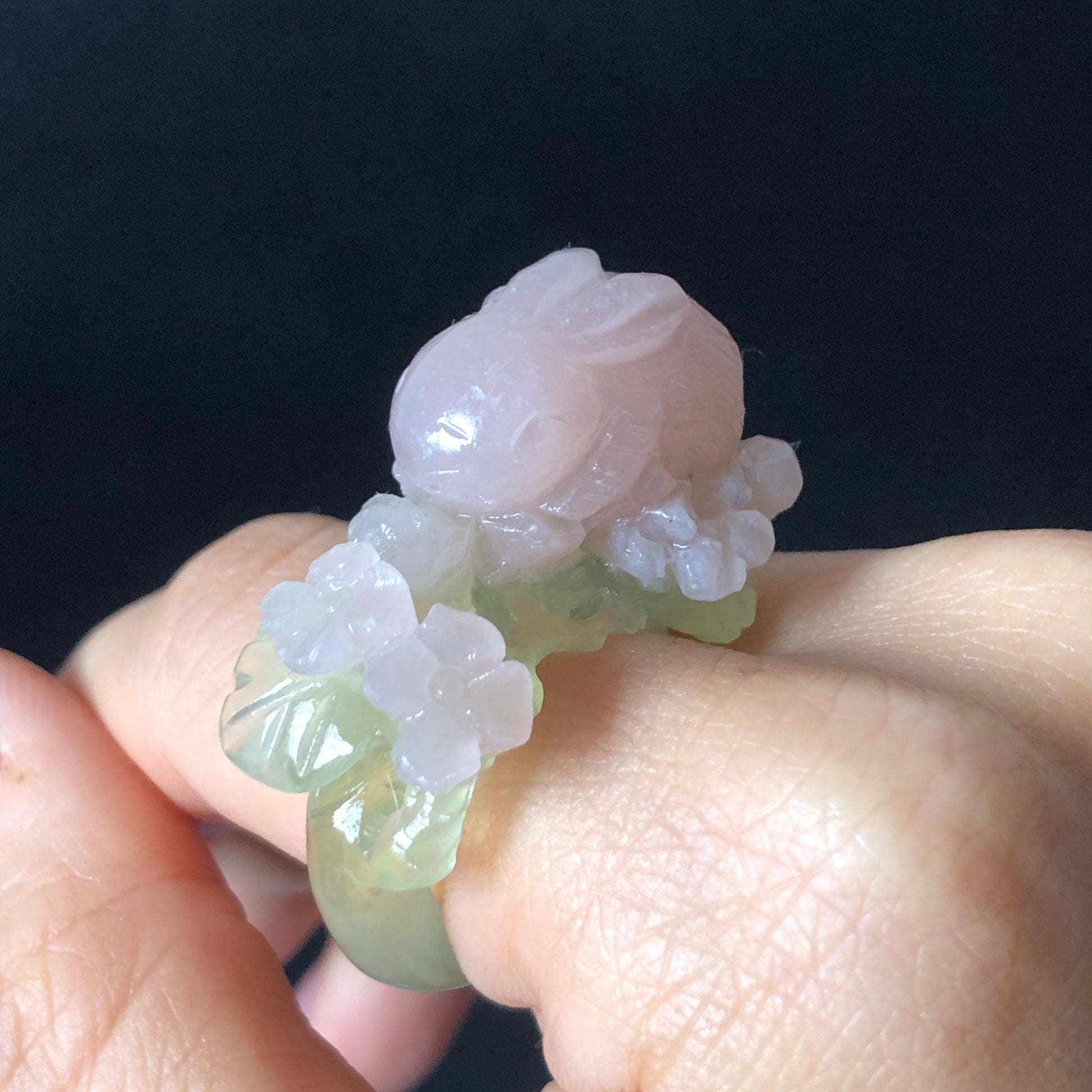 Custom Size! Xiu Jade Serpentine Hand Carved Pink Rabbit Bunny Flower Statement Ring: Green & Pink Jade Handcrafted 3D Stone Carving Ring Gift for her yellow jade green jade carving pink jade carbonate jade ring hand carved jade band ring bird carving flower carving natural jade band ring cocktail ring for women make to order ring big size ring small size ring personalized ring customised ring flower ring rabbit carving bunny ring rabbit lover gift 3D stone carving