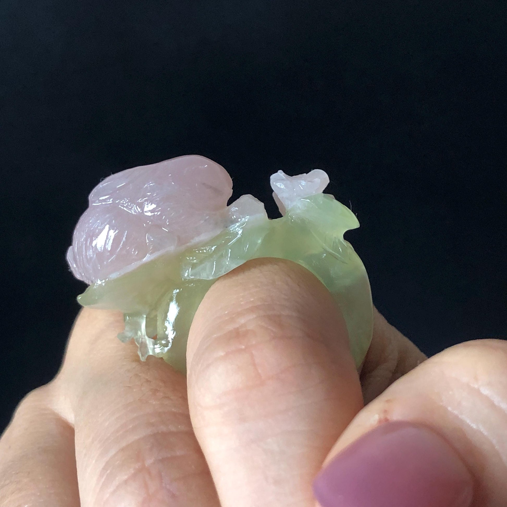 Custom Size! Xiu Jade Serpentine Hand Carved Pink Rabbit Bunny Flower Statement Ring: Green & Pink Jade Handcrafted 3D Stone Carving Ring Gift for her yellow jade green jade carving pink jade carbonate jade ring hand carved jade band ring bird carving flower carving natural jade band ring cocktail ring for women make to order ring big size ring small size ring personalized ring customised ring flower ring rabbit carving bunny ring rabbit lover gift 3D stone carving