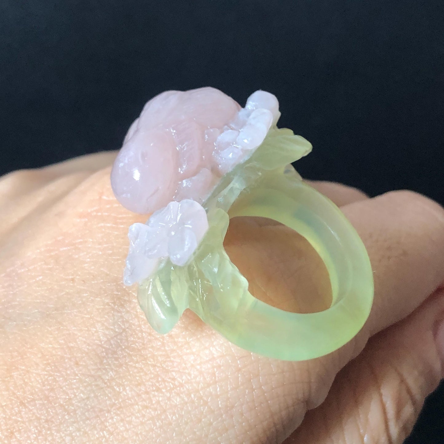 Custom Size! Xiu Jade Serpentine Hand Carved Pink Rabbit Bunny Flower Statement Ring: Green & Pink Jade Handcrafted 3D Stone Carving Ring Gift for her yellow jade green jade carving pink jade carbonate jade ring hand carved jade band ring bird carving flower carving natural jade band ring cocktail ring for women make to order ring big size ring small size ring personalized ring customised ring flower ring rabbit carving bunny ring rabbit lover gift 3D stone carving