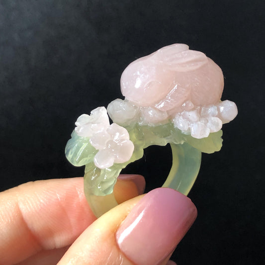 Custom Size! Xiu Jade Serpentine Hand Carved Pink Rabbit Bunny Flower Statement Ring: Green & Pink Jade Handcrafted 3D Stone Carving Ring Gift for her yellow jade green jade carving pink jade carbonate jade ring hand carved jade band ring bird carving flower carving natural jade band ring cocktail ring for women make to order ring big size ring small size ring personalized ring customised ring flower ring rabbit carving bunny ring rabbit lover gift 3D stone carving