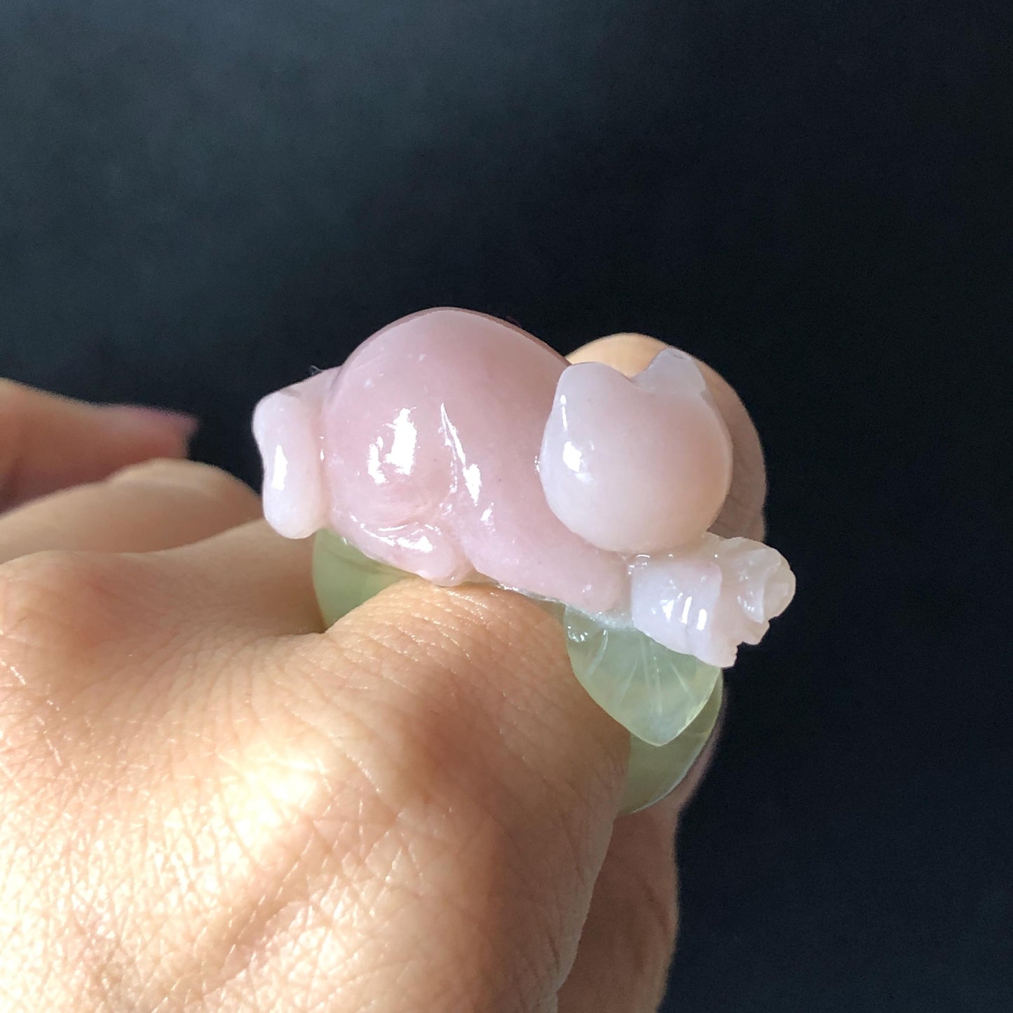Custom Size! Xiu Jade Serpentine Hand Carved Pink Cat Kitten Flower Statement Ring: Green & Pink Jade Handcrafted 3D Stone Carving Ring  Gift for her yellow jade green jade carving pink jade carbonate jade ring hand carved jade band ring cat carving flower carving natural jade band ring cocktail ring for women make to order ring big size ring small size ring personalized ring customised ring flower ring kitten carving rose ring cat lover gift 3D stone carving