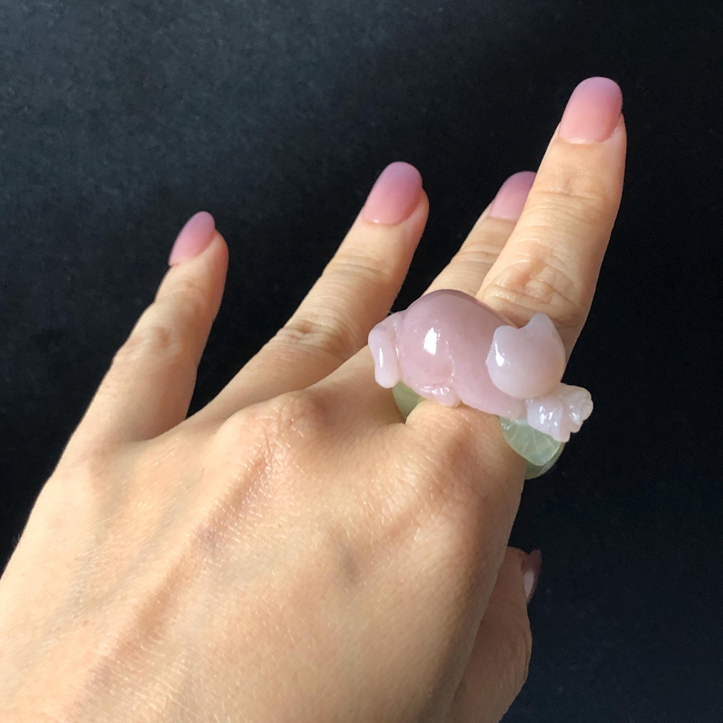 Custom Size! Xiu Jade Serpentine Hand Carved Pink Cat Kitten Flower Statement Ring: Green & Pink Jade Handcrafted 3D Stone Carving Ring  Gift for her yellow jade green jade carving pink jade carbonate jade ring hand carved jade band ring cat carving flower carving natural jade band ring cocktail ring for women make to order ring big size ring small size ring personalized ring customised ring flower ring kitten carving rose ring cat lover gift 3D stone carving