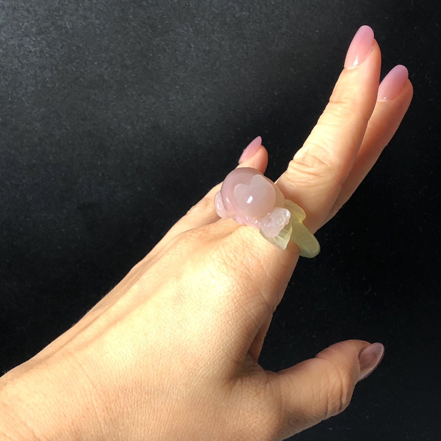 Custom Size! Xiu Jade Serpentine Hand Carved Pink Cat Kitten Flower Statement Ring: Green & Pink Jade Handcrafted 3D Stone Carving Ring  Gift for her yellow jade green jade carving pink jade carbonate jade ring hand carved jade band ring cat carving flower carving natural jade band ring cocktail ring for women make to order ring big size ring small size ring personalized ring customised ring flower ring kitten carving rose ring cat lover gift 3D stone carving
