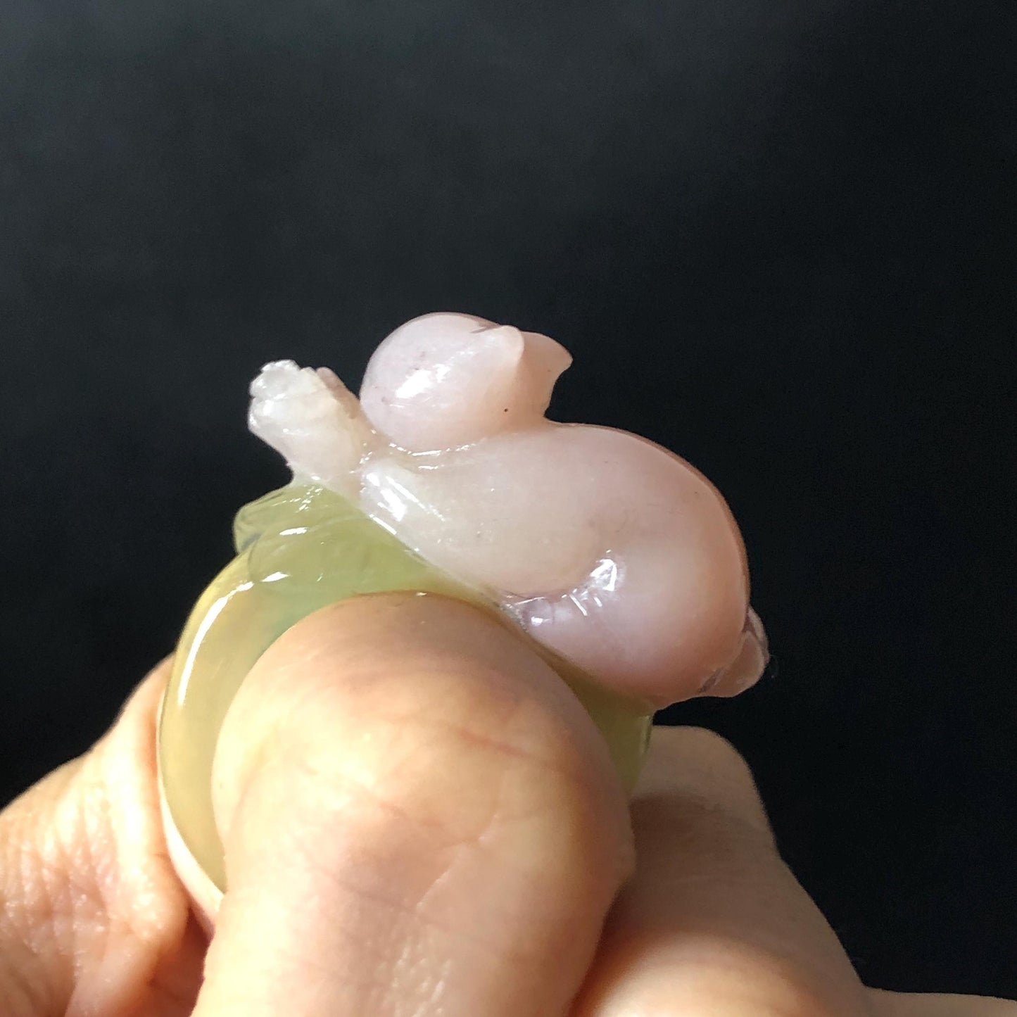 Custom Size! Xiu Jade Serpentine Hand Carved Pink Cat Kitten Flower Statement Ring: Green & Pink Jade Handcrafted 3D Stone Carving Ring  Gift for her yellow jade green jade carving pink jade carbonate jade ring hand carved jade band ring cat carving flower carving natural jade band ring cocktail ring for women make to order ring big size ring small size ring personalized ring customised ring flower ring kitten carving rose ring cat lover gift 3D stone carving