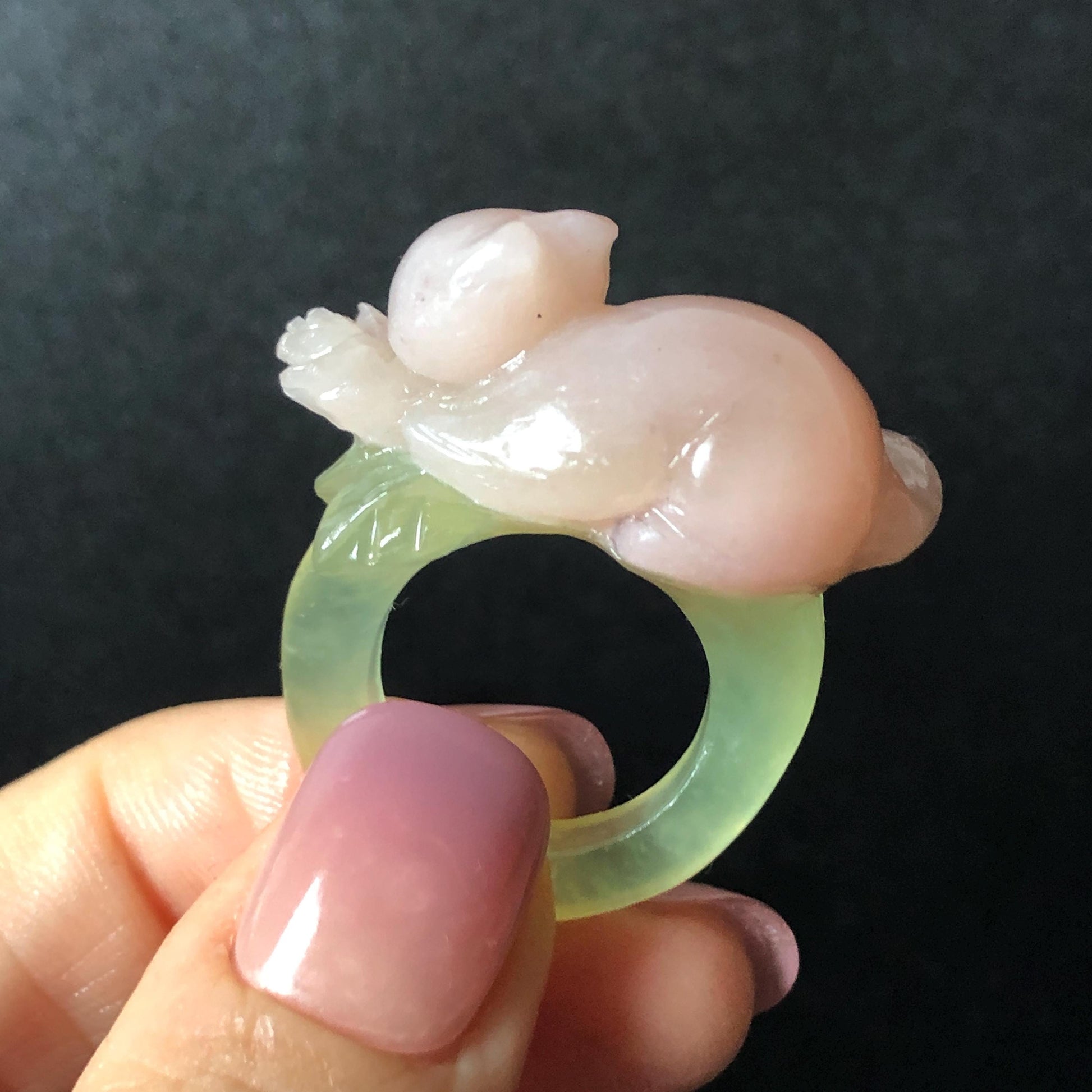 Custom Size! Xiu Jade Serpentine Hand Carved Pink Cat Kitten Flower Statement Ring: Green & Pink Jade Handcrafted 3D Stone Carving Ring  Gift for her yellow jade green jade carving pink jade carbonate jade ring hand carved jade band ring cat carving flower carving natural jade band ring cocktail ring for women make to order ring big size ring small size ring personalized ring customised ring flower ring kitten carving rose ring cat lover gift 3D stone carving