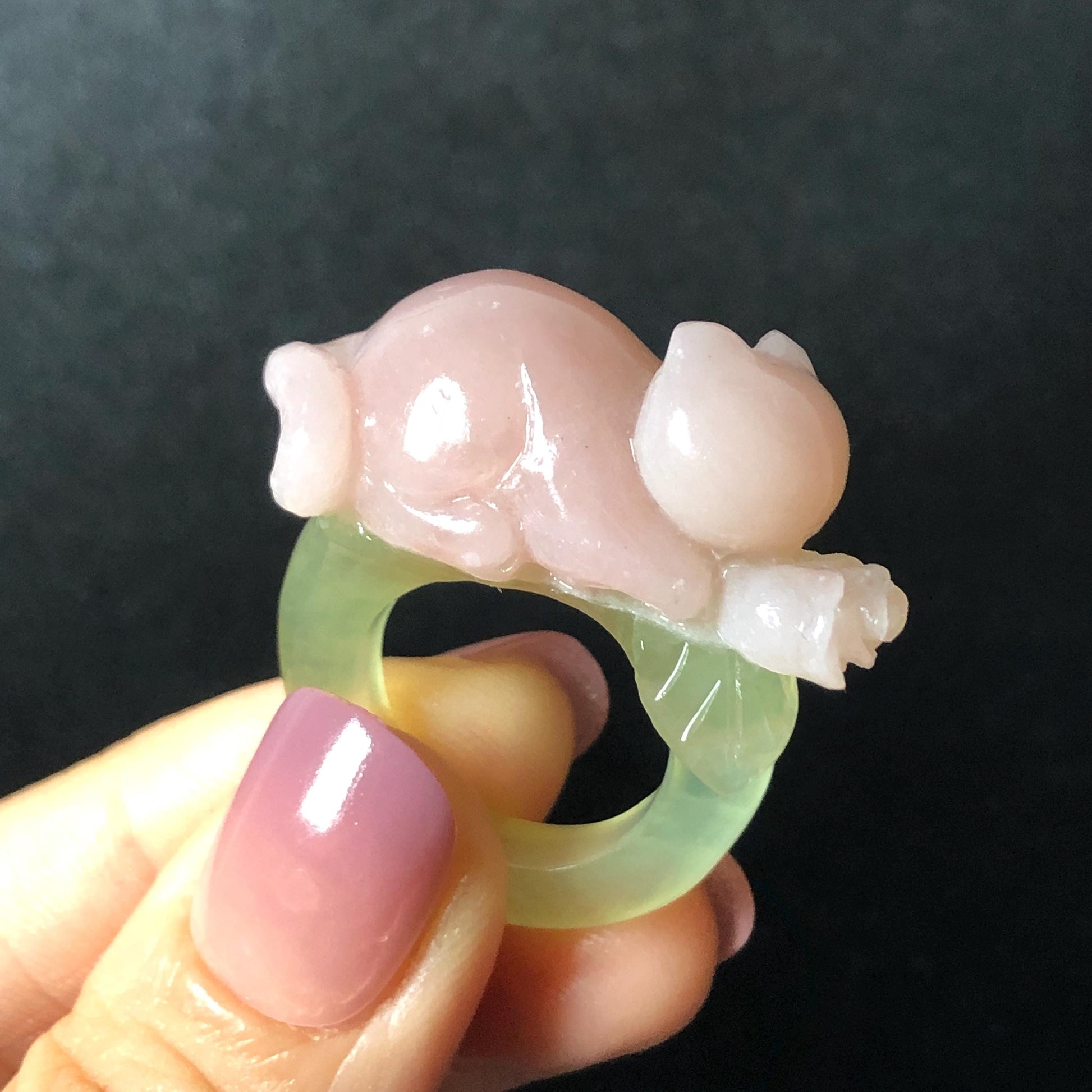 Custom Size! Xiu Jade Serpentine Hand Carved Pink Cat Kitten Flower Statement Ring: Green & Pink Jade Handcrafted 3D Stone Carving Ring  Gift for her yellow jade green jade carving pink jade carbonate jade ring hand carved jade band ring cat carving flower carving natural jade band ring cocktail ring for women make to order ring big size ring small size ring personalized ring customised ring flower ring kitten carving rose ring cat lover gift 3D stone carving