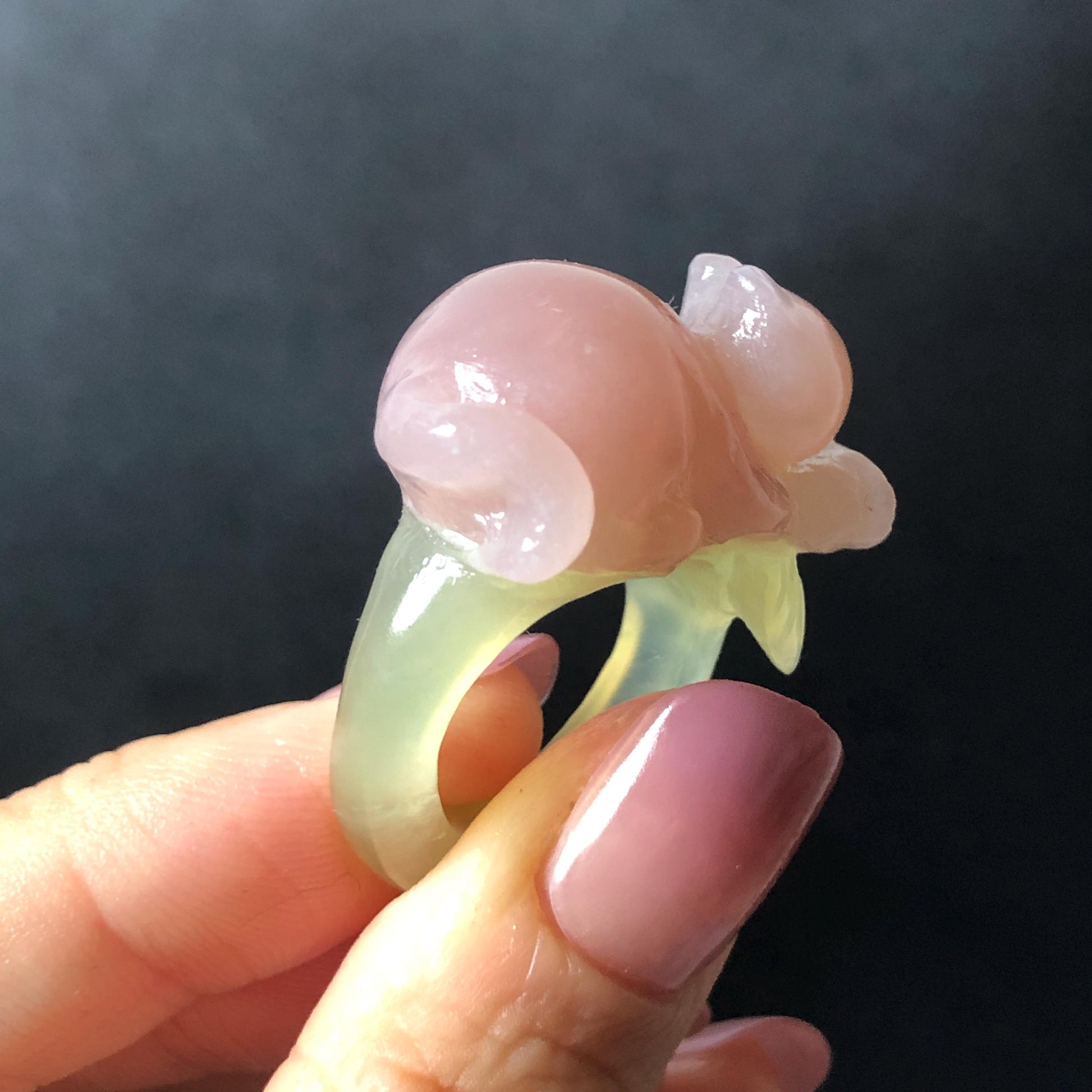 Custom Size! Xiu Jade Serpentine Hand Carved Pink Cat Kitten Flower Statement Ring: Green & Pink Jade Handcrafted 3D Stone Carving Ring  Gift for her yellow jade green jade carving pink jade carbonate jade ring hand carved jade band ring cat carving flower carving natural jade band ring cocktail ring for women make to order ring big size ring small size ring personalized ring customised ring flower ring kitten carving rose ring cat lover gift 3D stone carving