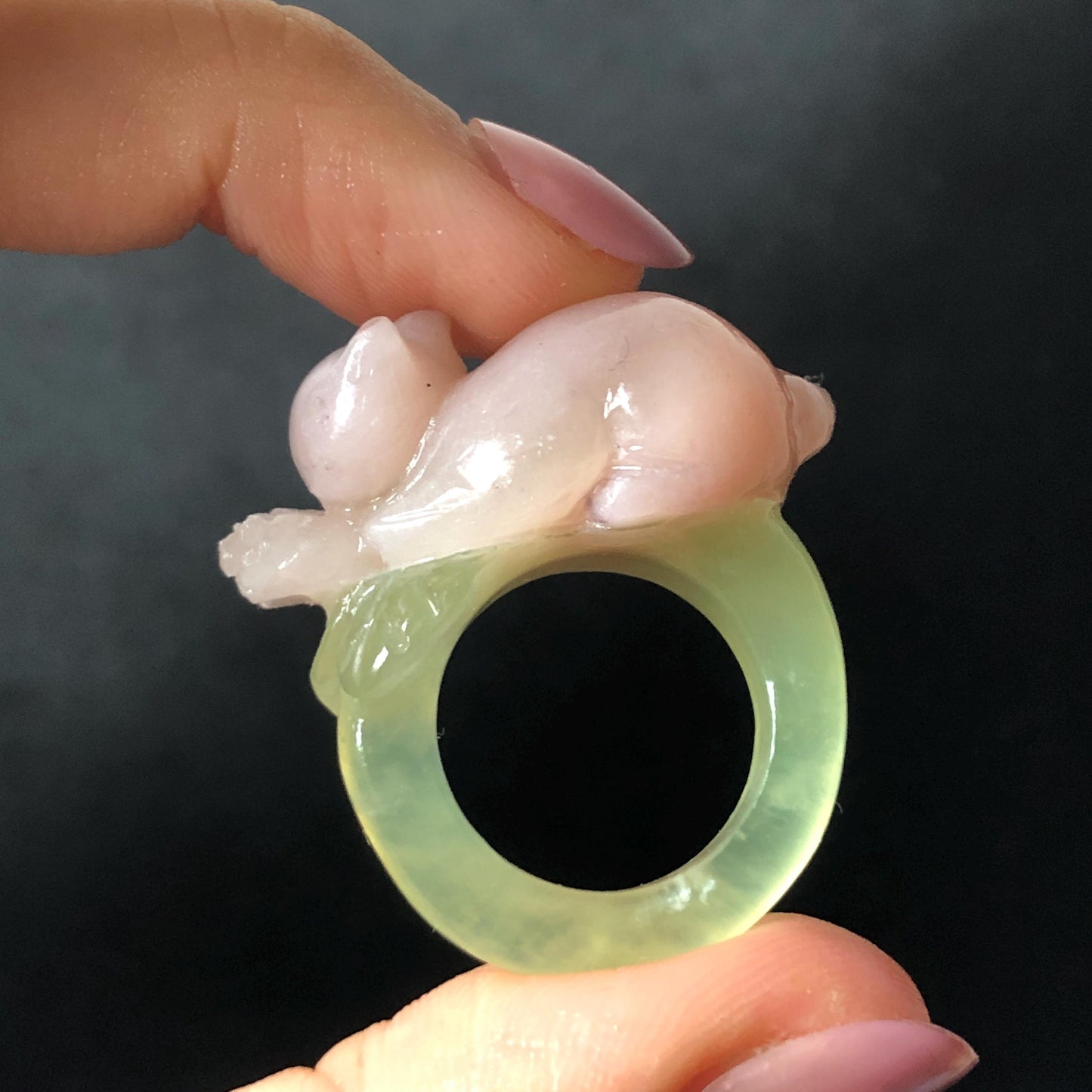 Custom Size! Xiu Jade Serpentine Hand Carved Pink Cat Kitten Flower Statement Ring: Green & Pink Jade Handcrafted 3D Stone Carving Ring  Gift for her yellow jade green jade carving pink jade carbonate jade ring hand carved jade band ring cat carving flower carving natural jade band ring cocktail ring for women make to order ring big size ring small size ring personalized ring customised ring flower ring kitten carving rose ring cat lover gift 3D stone carving