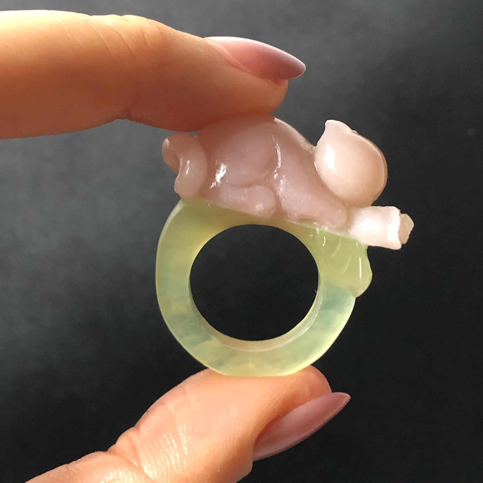 Custom Size! Xiu Jade Serpentine Hand Carved Pink Cat Kitten Flower Statement Ring: Green & Pink Jade Handcrafted 3D Stone Carving Ring  Gift for her yellow jade green jade carving pink jade carbonate jade ring hand carved jade band ring cat carving flower carving natural jade band ring cocktail ring for women make to order ring big size ring small size ring personalized ring customised ring flower ring kitten carving rose ring cat lover gift 3D stone carving