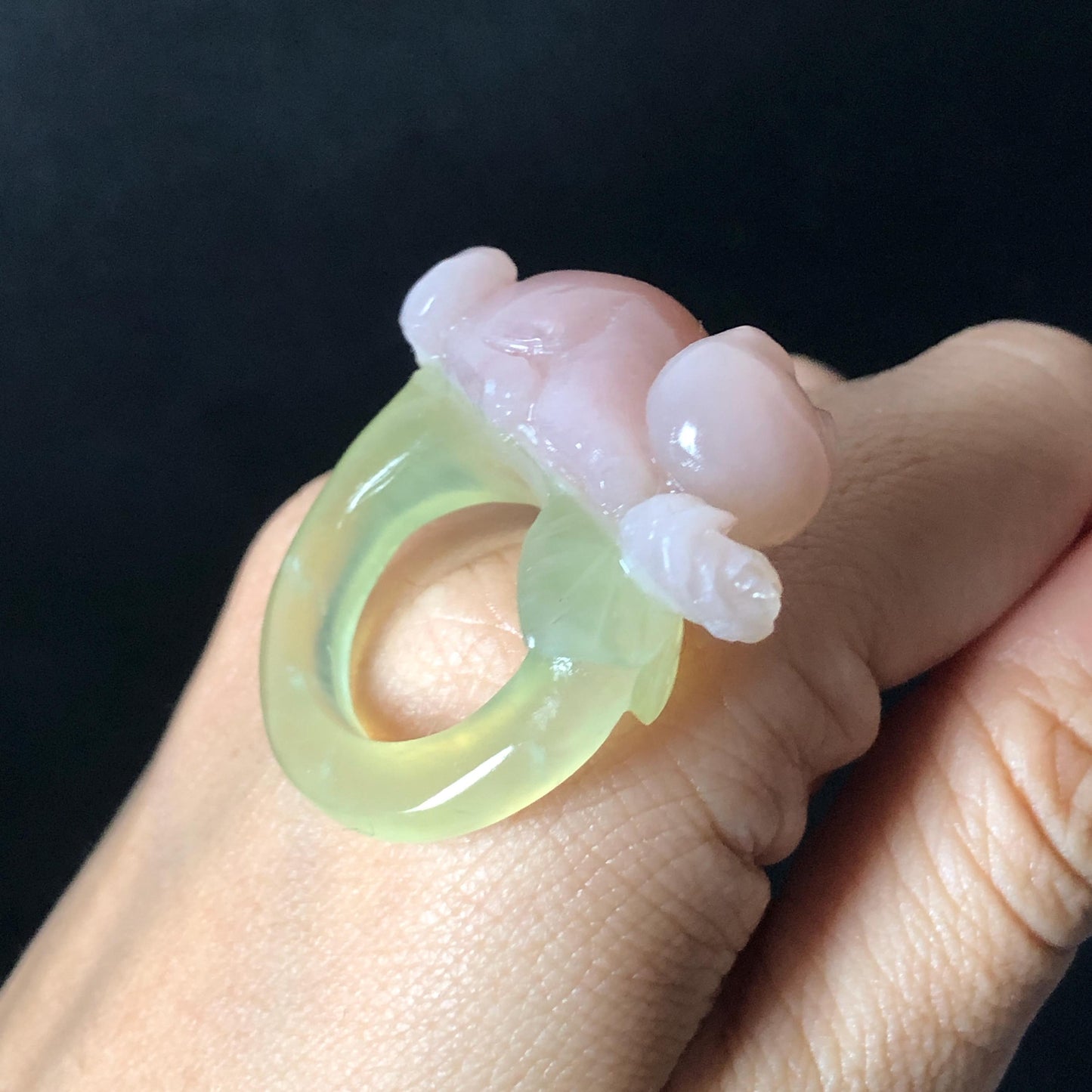 Custom Size! Xiu Jade Serpentine Hand Carved Pink Cat Kitten Flower Statement Ring: Green & Pink Jade Handcrafted 3D Stone Carving Ring  Gift for her yellow jade green jade carving pink jade carbonate jade ring hand carved jade band ring cat carving flower carving natural jade band ring cocktail ring for women make to order ring big size ring small size ring personalized ring customised ring flower ring kitten carving rose ring cat lover gift 3D stone carving