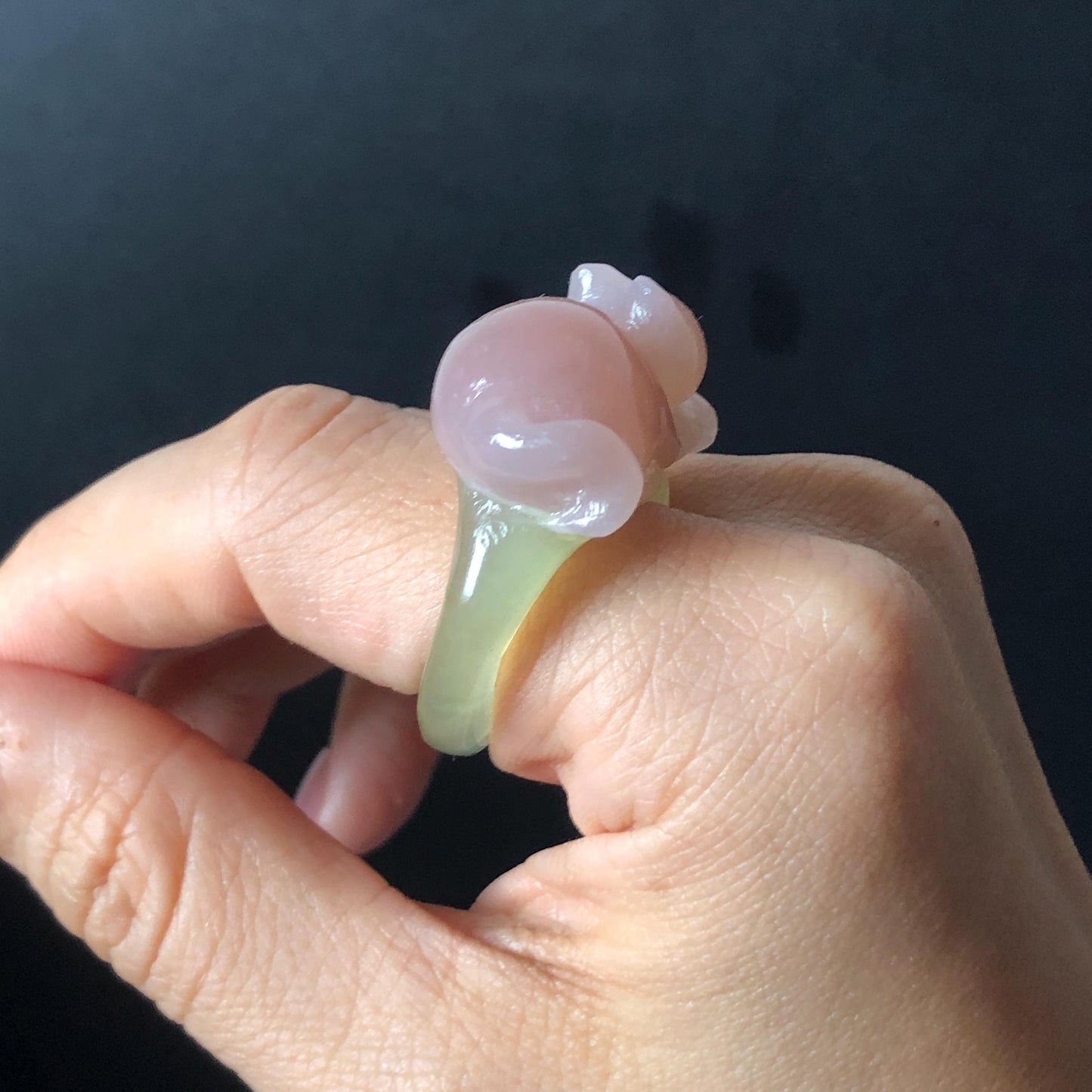 Custom Size! Xiu Jade Serpentine Hand Carved Pink Cat Kitten Flower Statement Ring: Green & Pink Jade Handcrafted 3D Stone Carving Ring  Gift for her yellow jade green jade carving pink jade carbonate jade ring hand carved jade band ring cat carving flower carving natural jade band ring cocktail ring for women make to order ring big size ring small size ring personalized ring customised ring flower ring kitten carving rose ring cat lover gift 3D stone carving
