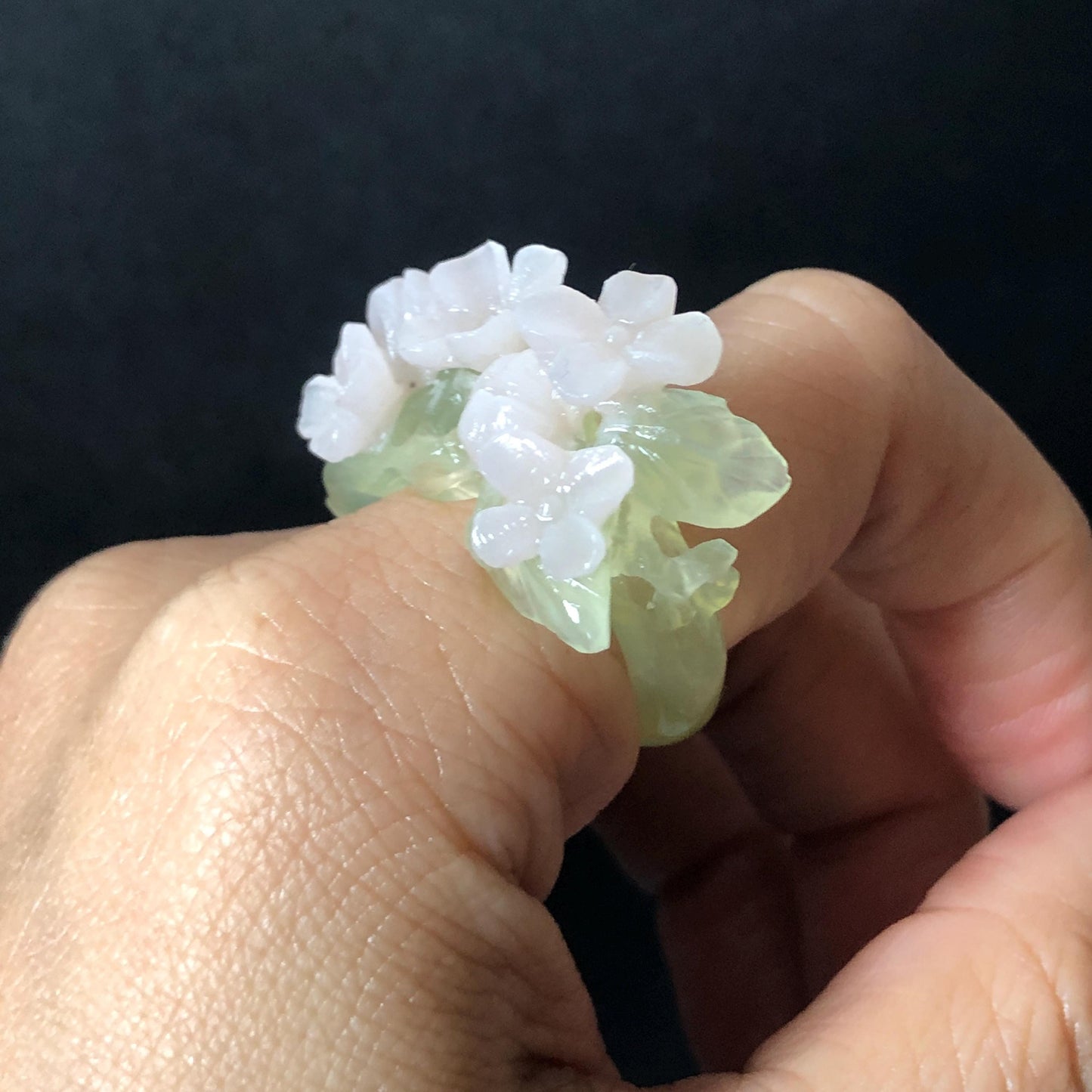 Custom Size! Xiu Jade Serpentine Hand Carved Pink Osmanthus Flowers Statement Ring: Green & Pink Jade Handcrafted 3D Stone Carving Ring  Pendant Handcrafted Crystal Gemstone Gift pink jade carbonate jade ring hand carved jade band ring flower carving natural jade band ring cocktail ring gift for her ring for women make to order ring big size ring small size ring personalized ring customised ring flower ring flower carving green jade pink jade